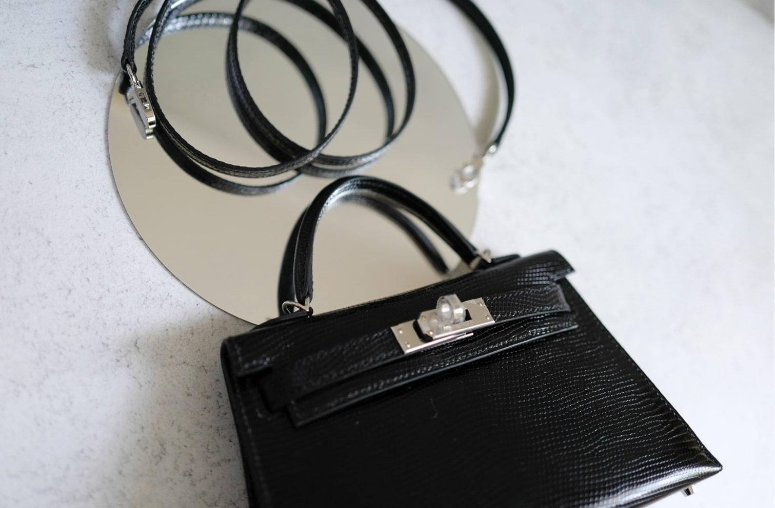 BNIB Hermès Mini Kelly 20 Noir Black Lizard Palladium Hardware Stamp W 2025 en venta 13