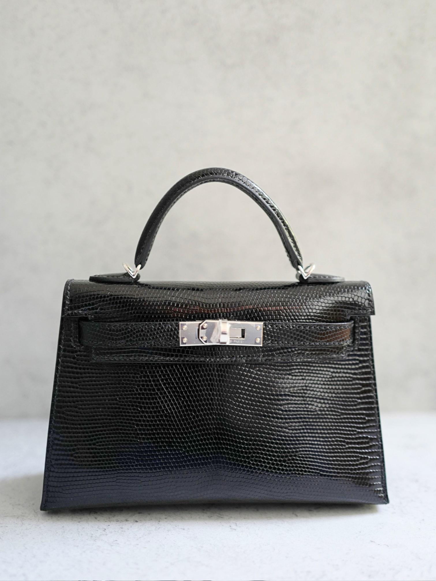 BNIB Hermès Mini Kelly 20 Noir Black Lizard Palladium Hardware Stamp W 2025 Negro en venta