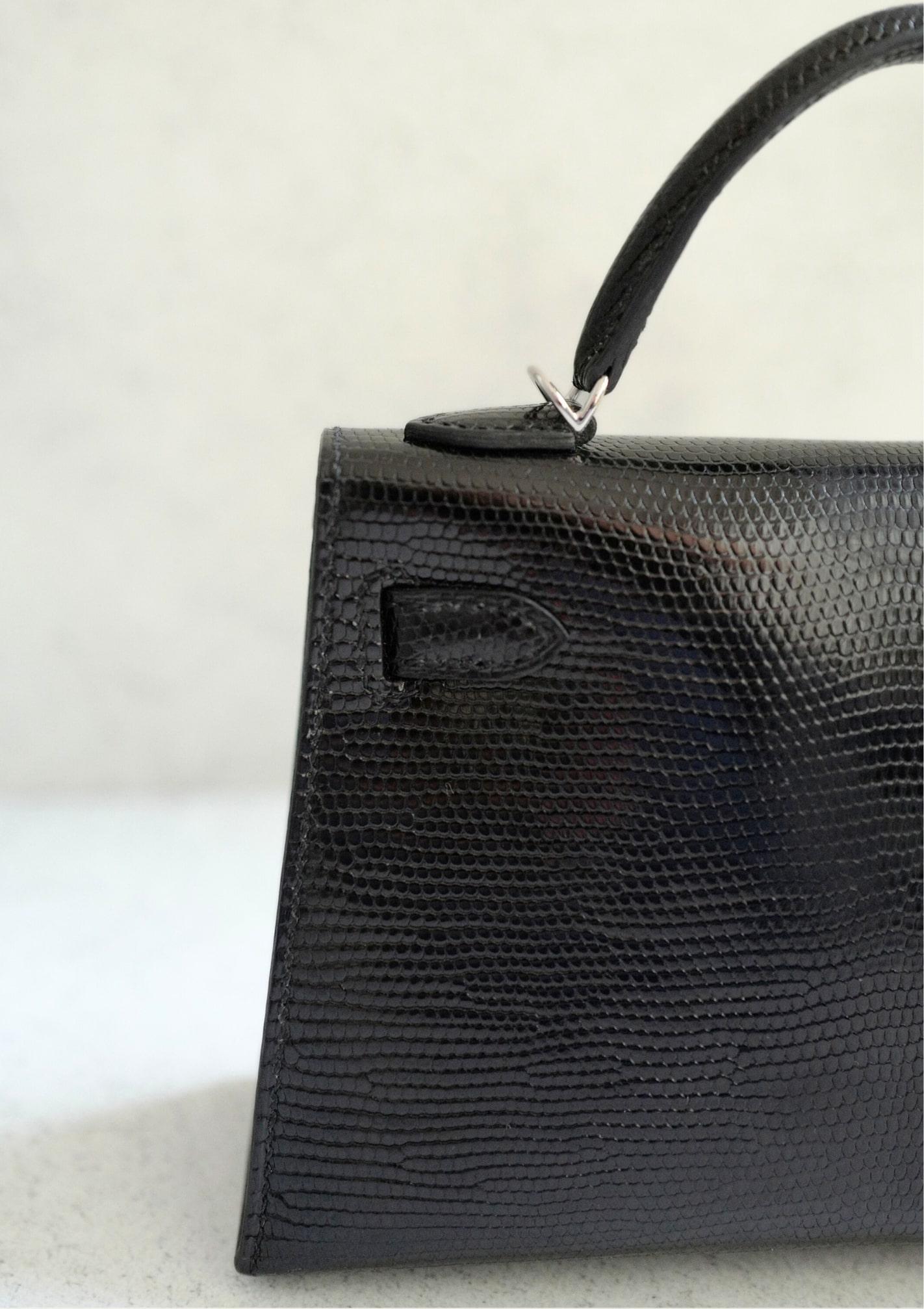 BNIB Hermès Mini Kelly 20 Noir Black Lizard Palladium Hardware Stamp W 2025 en Nuevo estado para la venta en Forest Park, GA