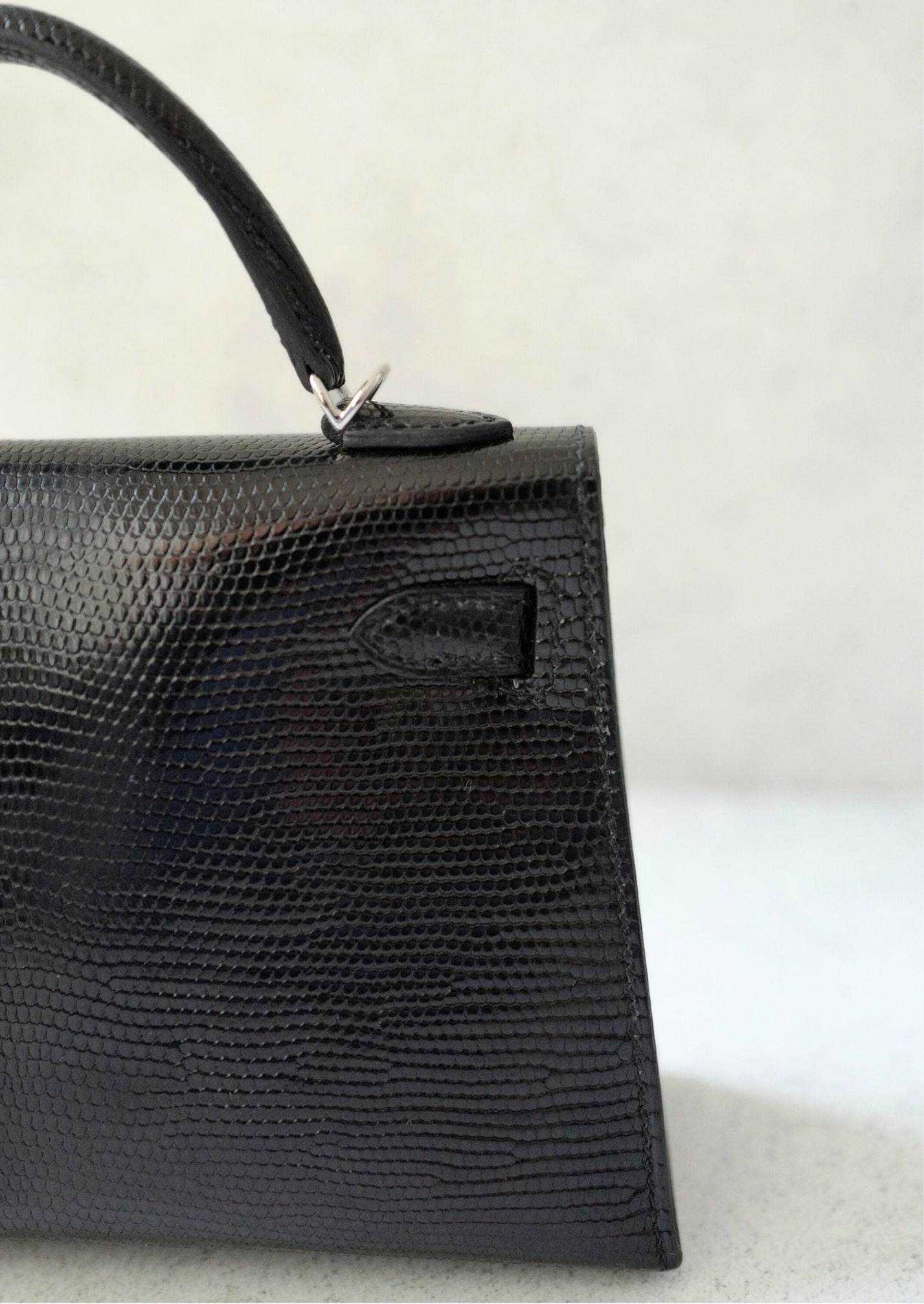 Femenino o masculino BNIB Hermès Mini Kelly 20 Noir Black Lizard Palladium Hardware Stamp W 2025 en venta