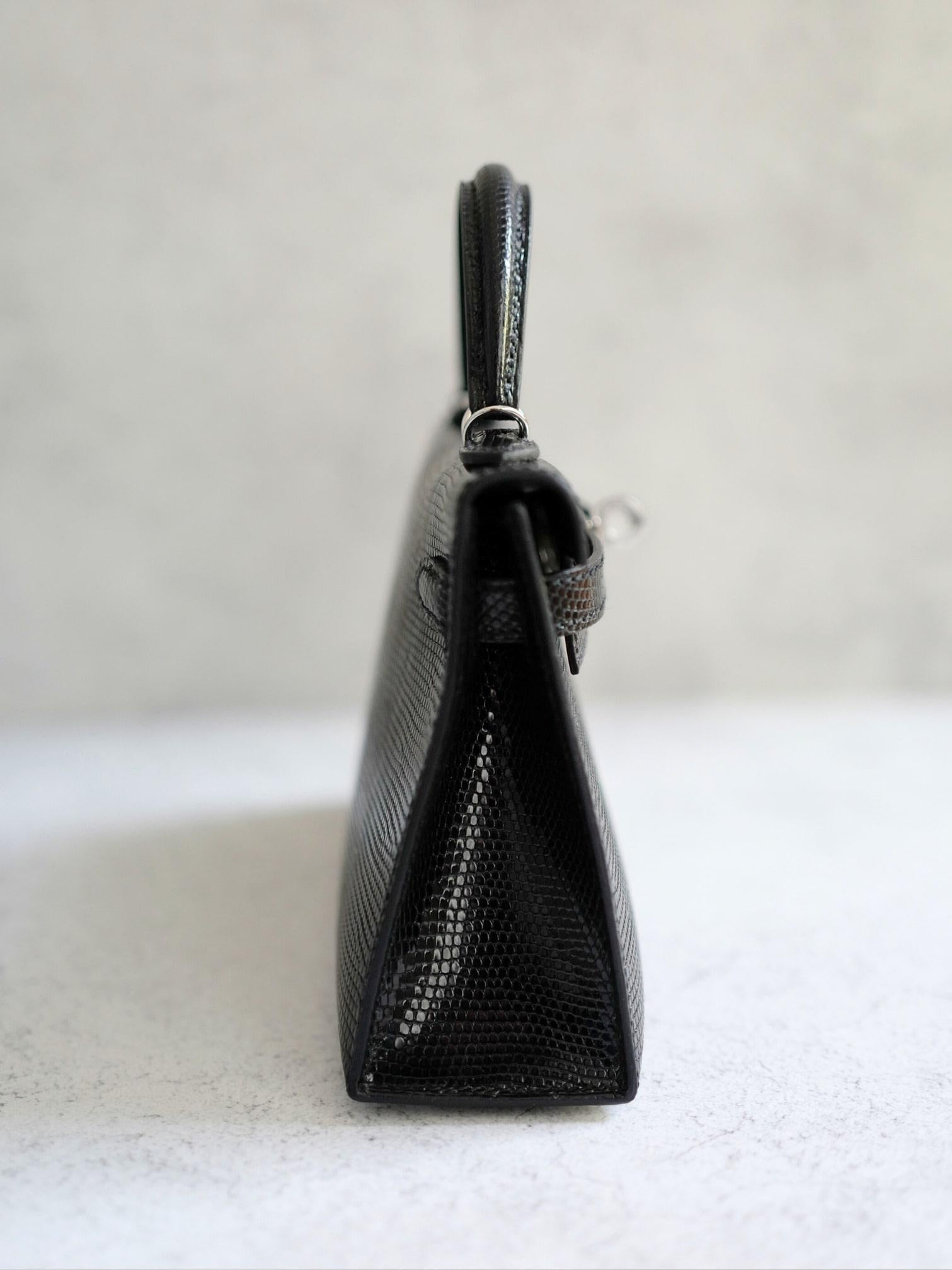 BNIB Hermès Mini Kelly 20 Noir Black Lizard Palladium Hardware Stamp W 2025 en venta 1