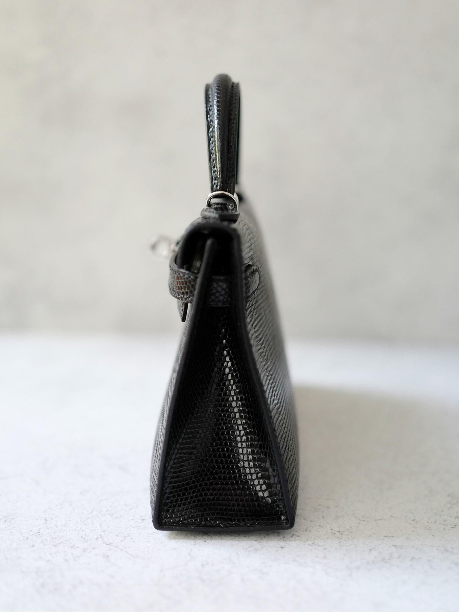 BNIB Hermès Mini Kelly 20 Noir Black Lizard Palladium Hardware Stamp W 2025 en venta 2