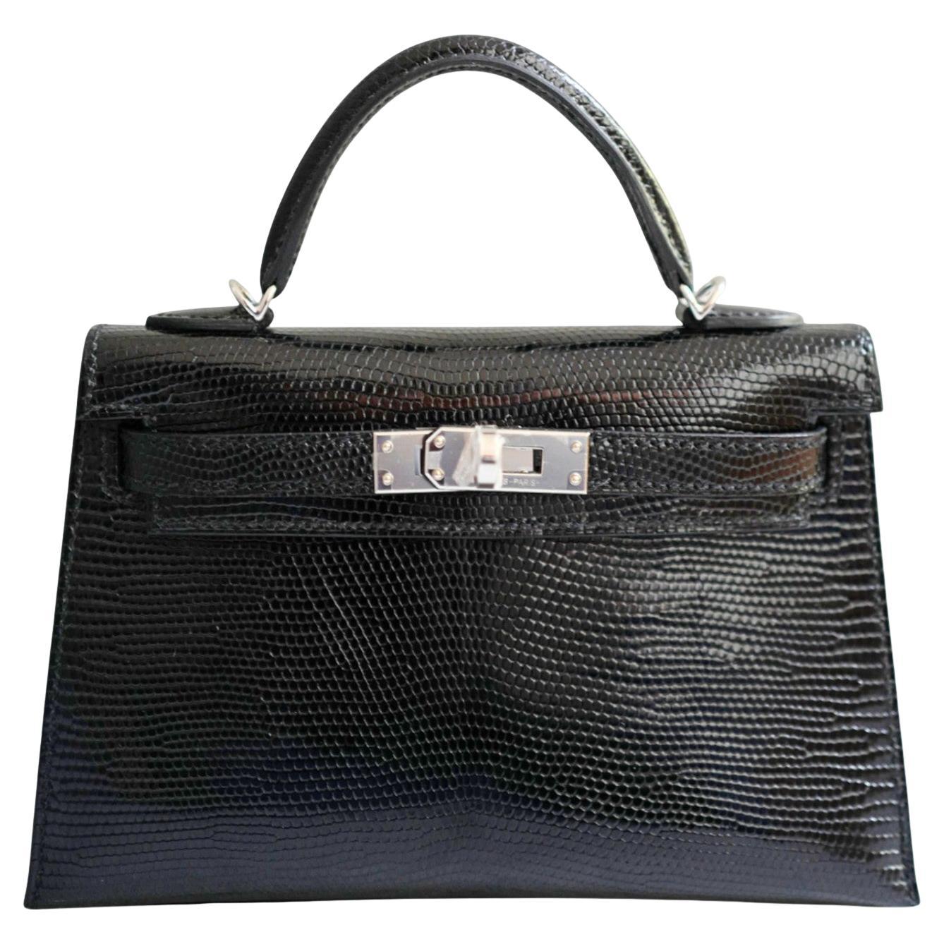 BNIB Hermès Mini Kelly 20 Noir Black Lizard Palladium Hardware Stamp W 2025 en venta