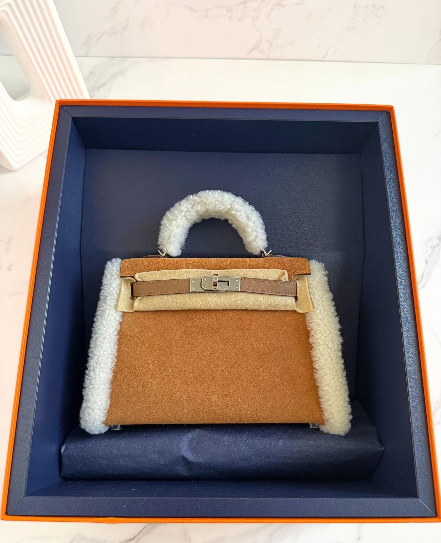 The Hermès Mini Kelly Teddy in Gold/Alezan with Palladium Hardware is a rare and exquisite reimagination of the classic Kelly silhouette. Crafted from soft suede and luxurious shearling, this special edition evokes the warmth and charm of the winter