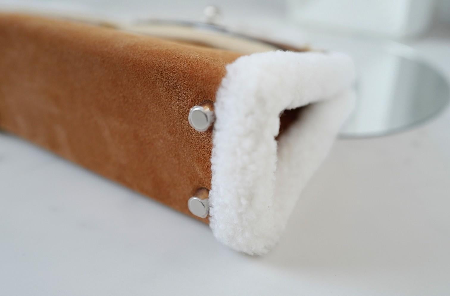 BNIB Hermès Mini Kelly Teddy Gold/Ecru/Alezan Shearling Suede Palladium Hardware in vendita 4