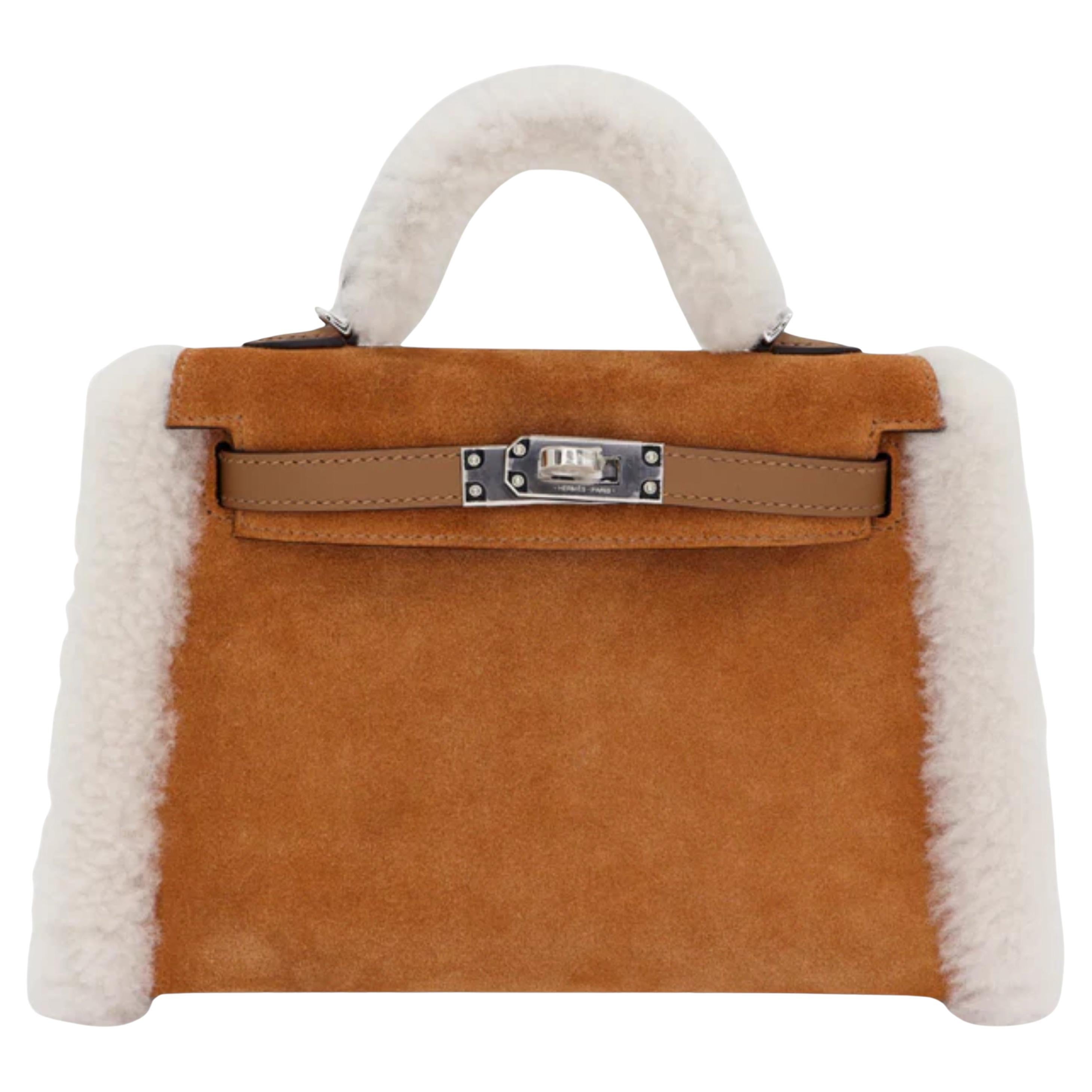 BNIB Hermès Mini Kelly Teddy Gold/Ecru/Alezan Shearling Suede Palladium Hardware in vendita