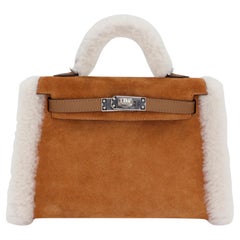 BNIB Hermès Mini Kelly Teddy Gold/Ecru/Alezan Shearling Suede Palladium Hardware