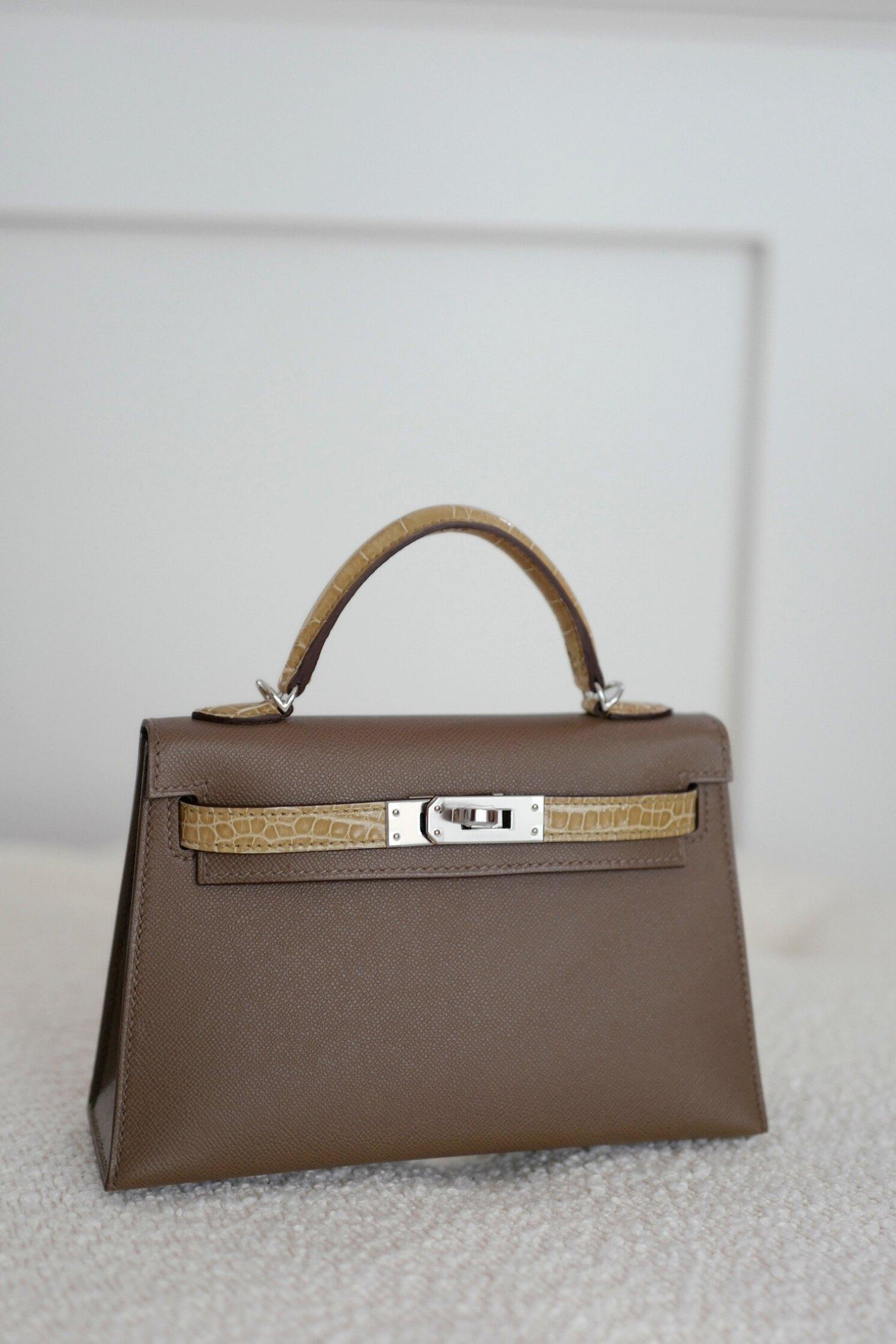 BNIB Hermes Mini Kelly touch Madame/Shiny Alligator in Etoupe Beige Sable PHW en venta 16