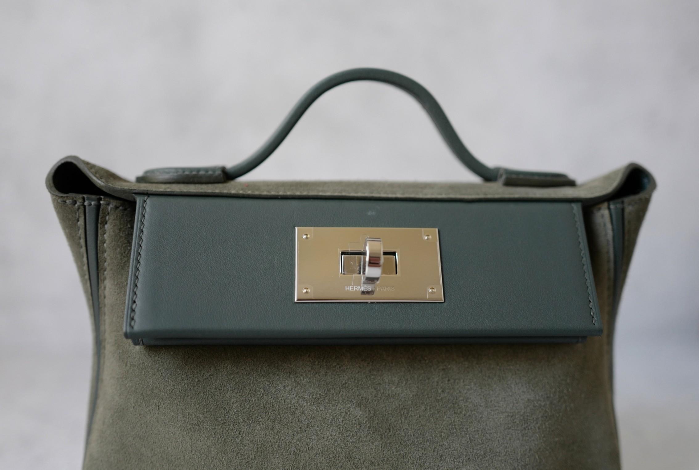 BNIB Hermès Sac 24/24-21 Bag Veau Grizzly & Swift Sable Gris Vert Mangrove PHW en vente 14