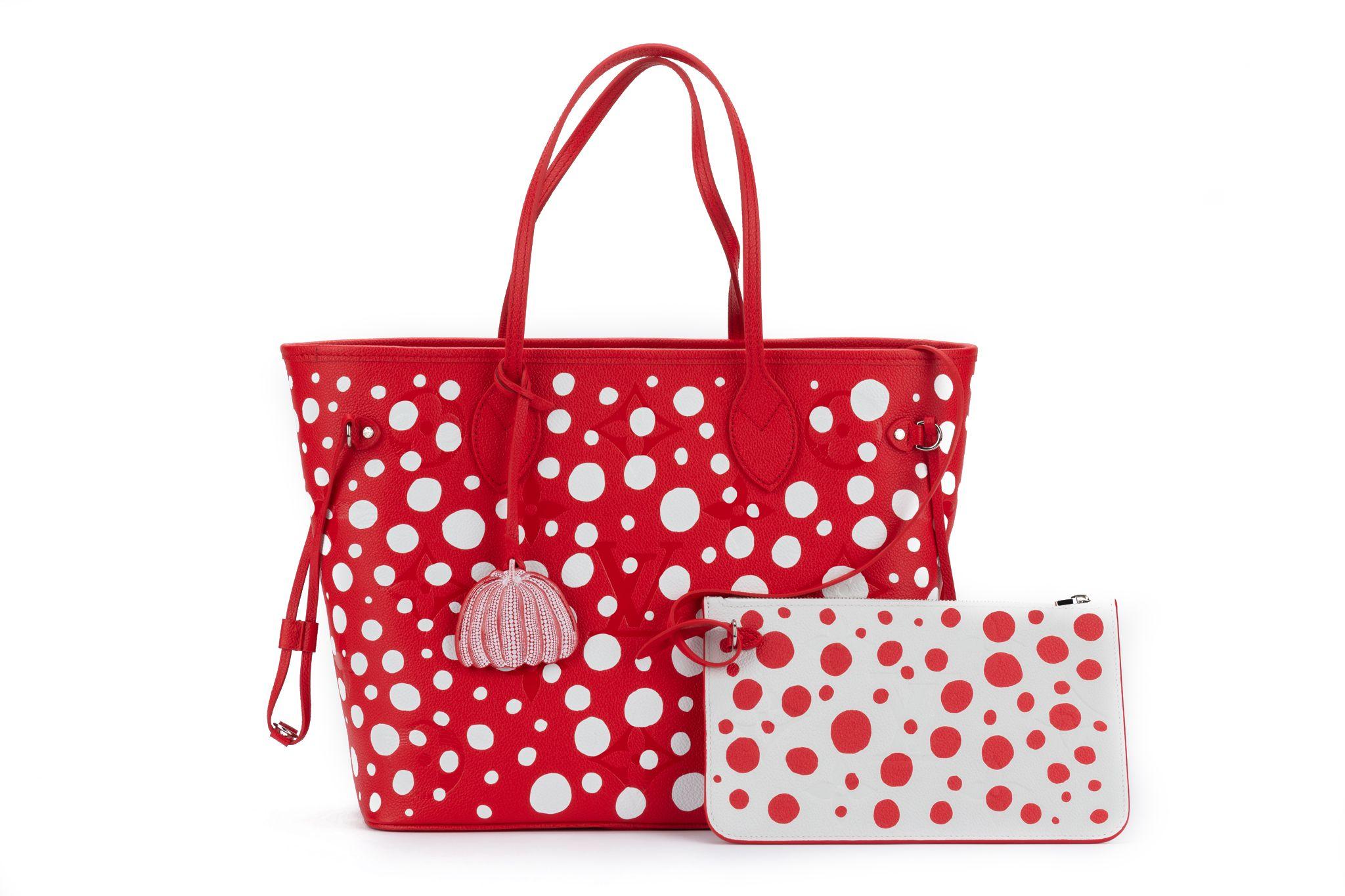 Louis Vuitton x Yayoi Kusama Neverfull in red and white. The bag features a galaxy of white dots on lustrous red Monogram Empreinte cowhide. Brand new and comes with the original dustcover and box.