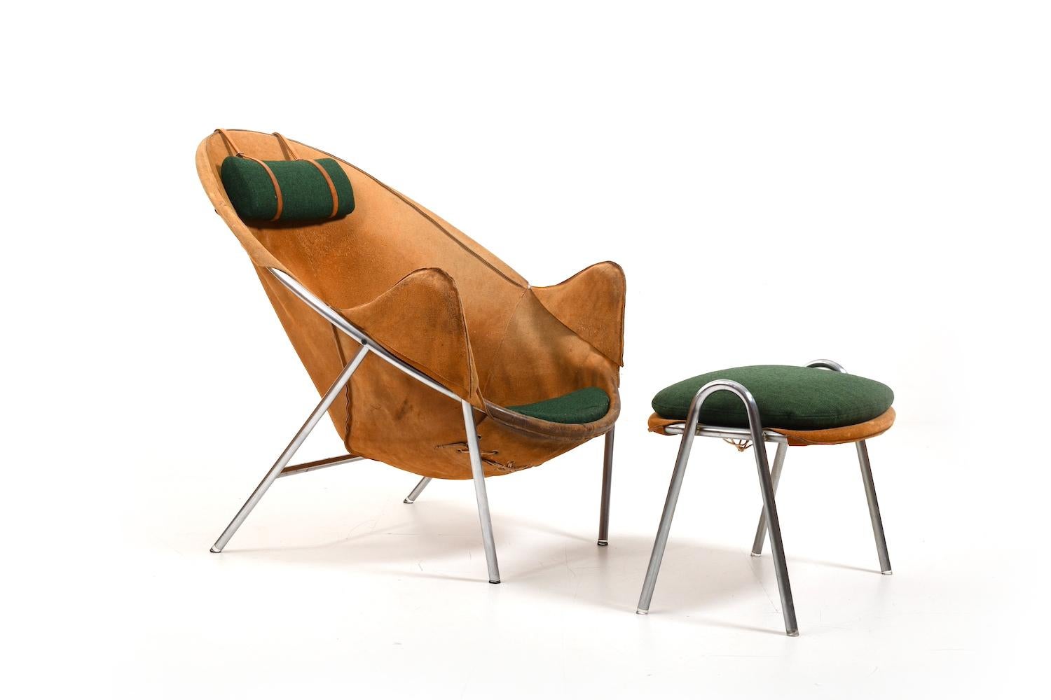 Metal BO-360 lounge chair and Footstool by Erik Ole Jørgensen for Bovirke 1953 For Sale