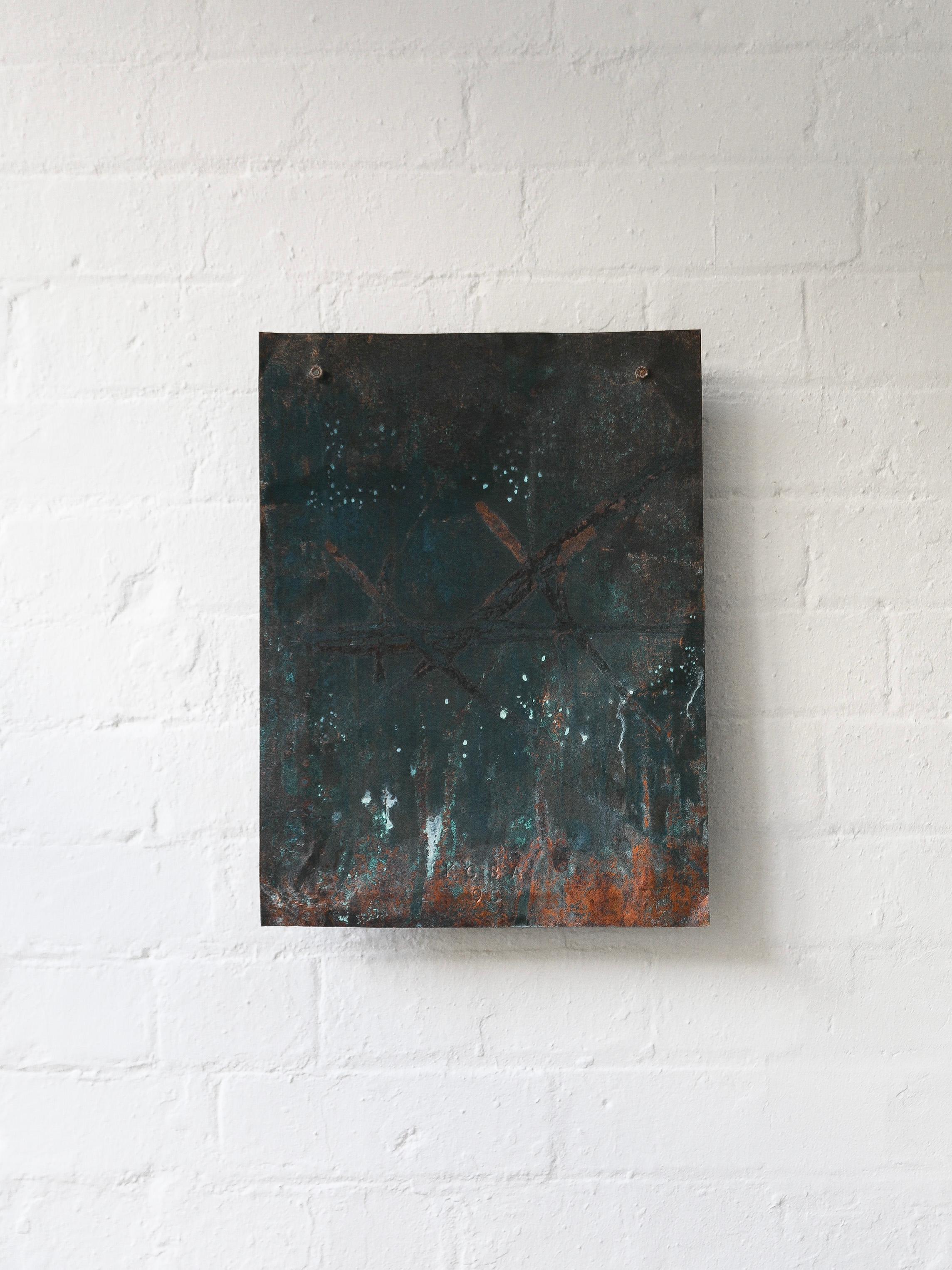 A sculptural copper plate wall relief by Swedish artist Bo Anderson (born 1946). Wonderfully aged with a rich patina. Mounted on a steel tubular frame to be mounted on the wall. Engraved and dated to the lower edge, ‘KG BA 95’.

Artist: Bo