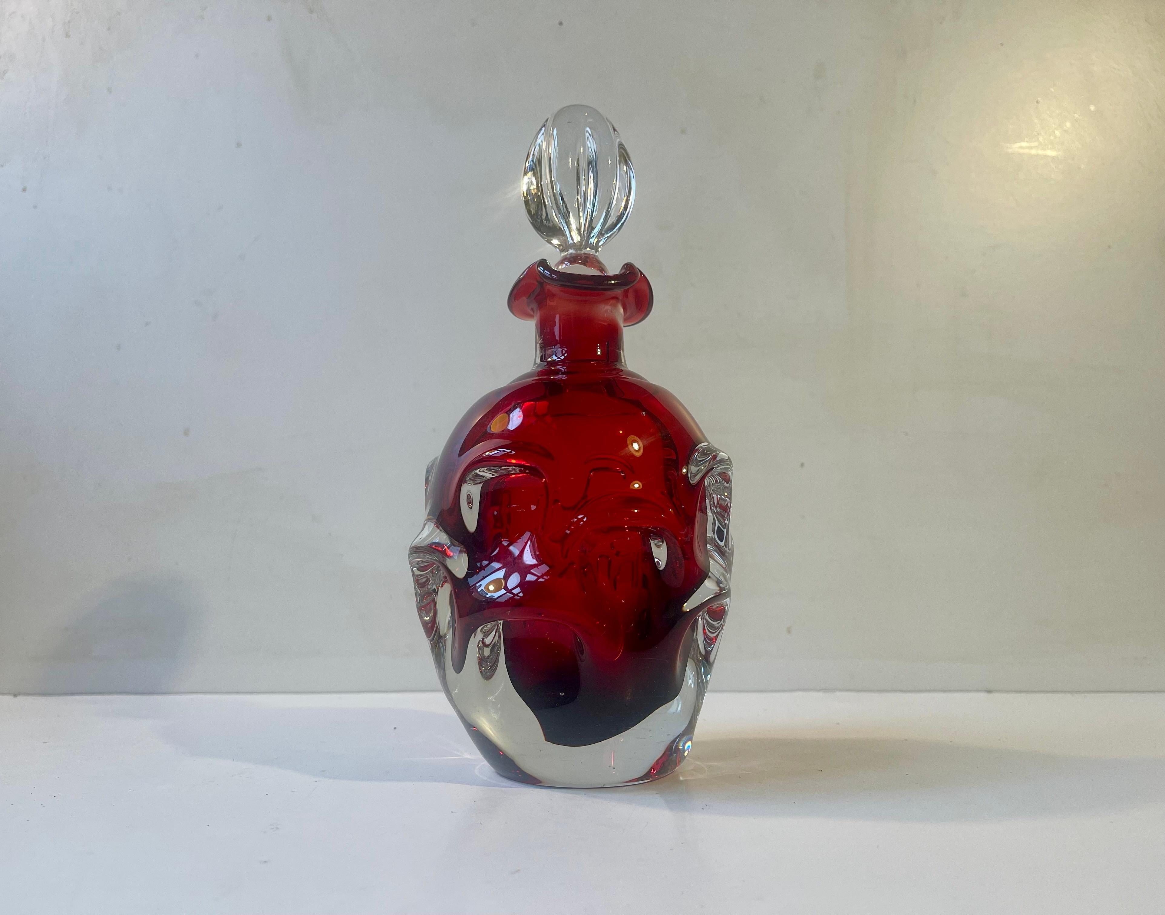 Swedish Bo Borgström Ruby Red Abstract Glass Decanter for Aseda Sweden, 1960s For Sale