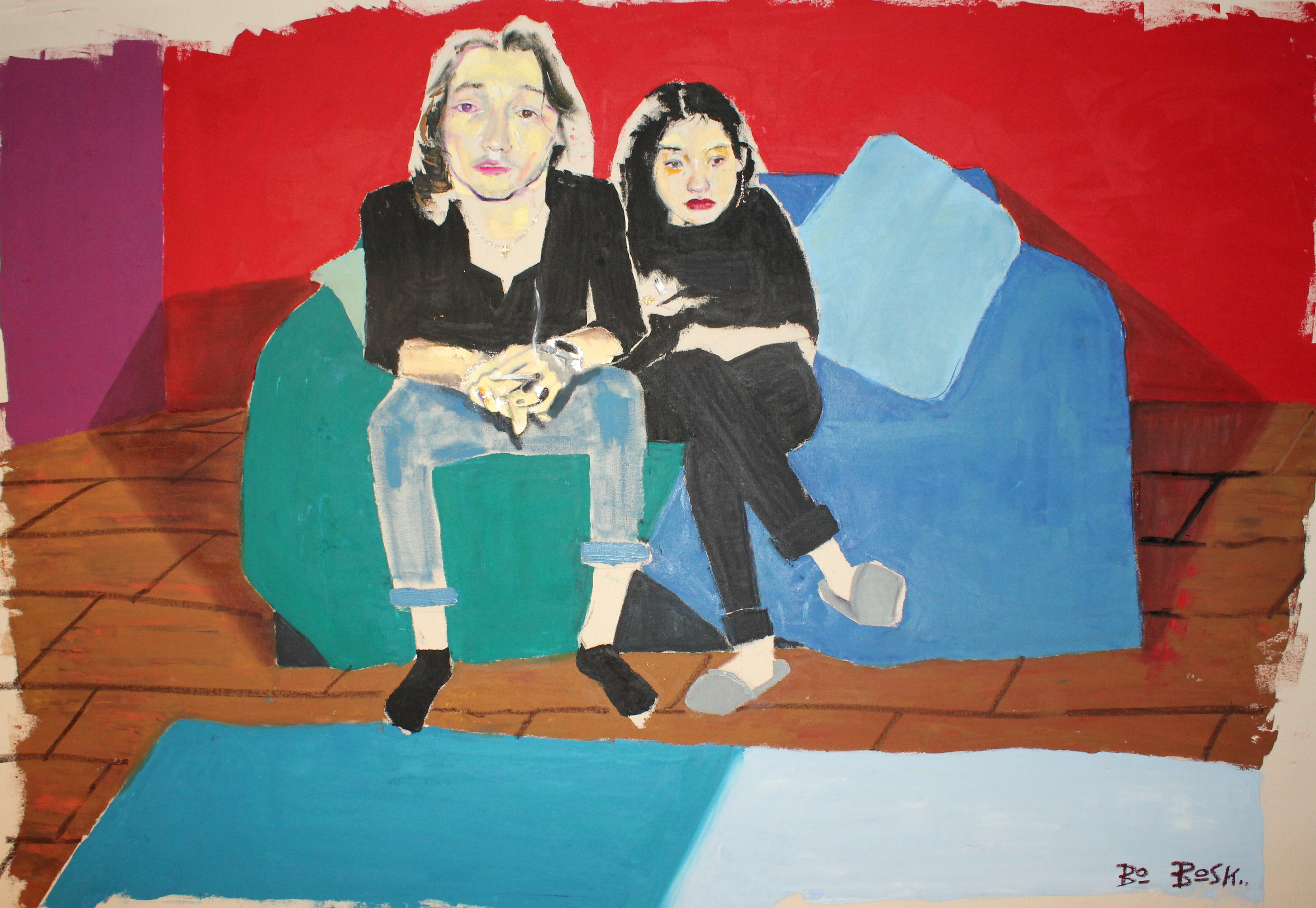 "Lloyd n Aisha" by Bo Bosk is an original oil on canvas work signed by the artist on the front. The unique figurative painting measures 43" H x 60" W. The artist painted the sides, and it does not require framing. There is a wire on the back for