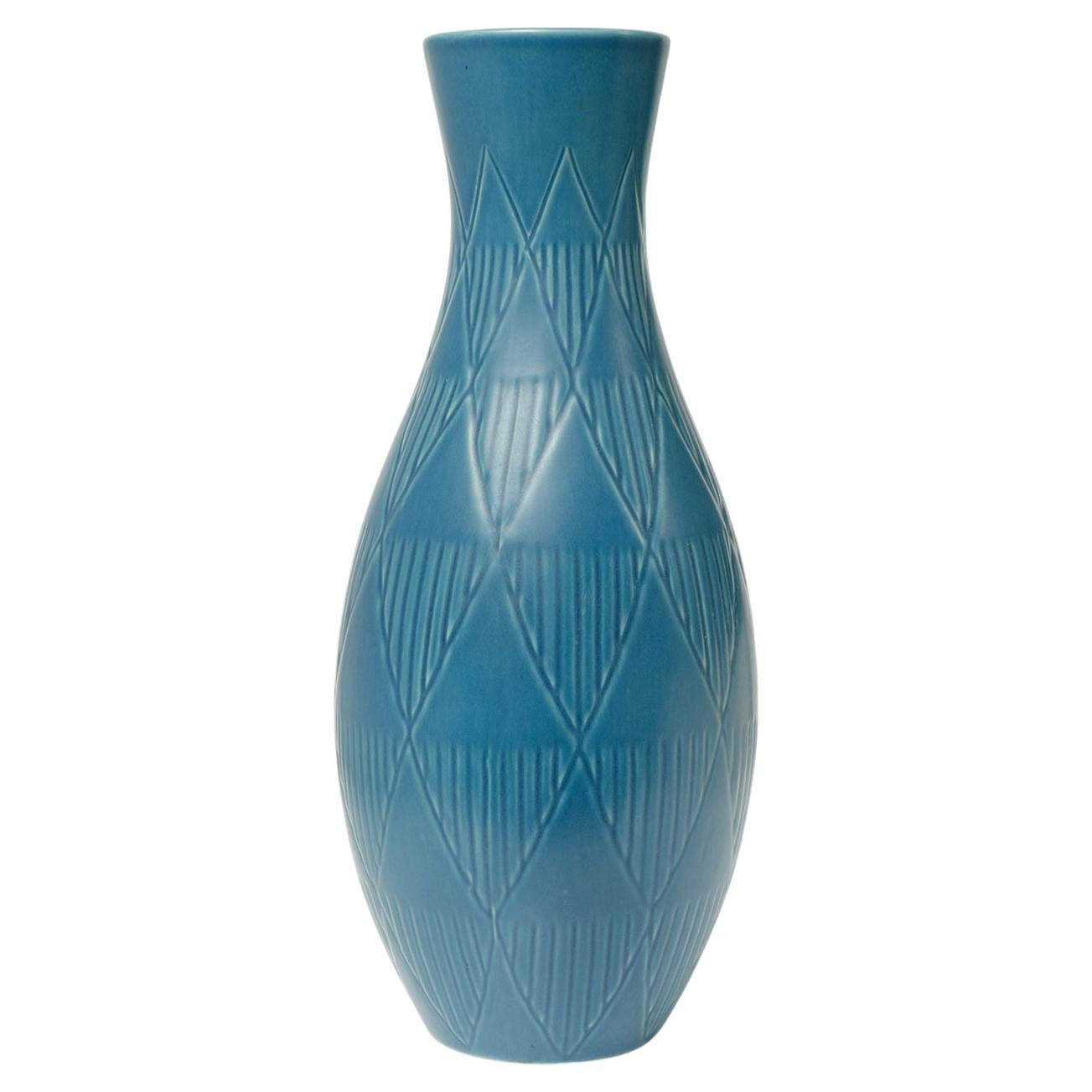 Bo Fajans blue ceramic bulbous vase geometric pattern in relief, Sweden 1940