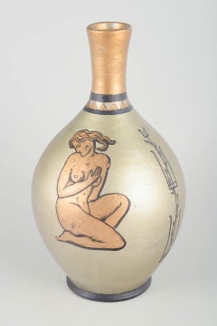 Bo Fajans. Faience vase with hand-painted motif of seated female figures.