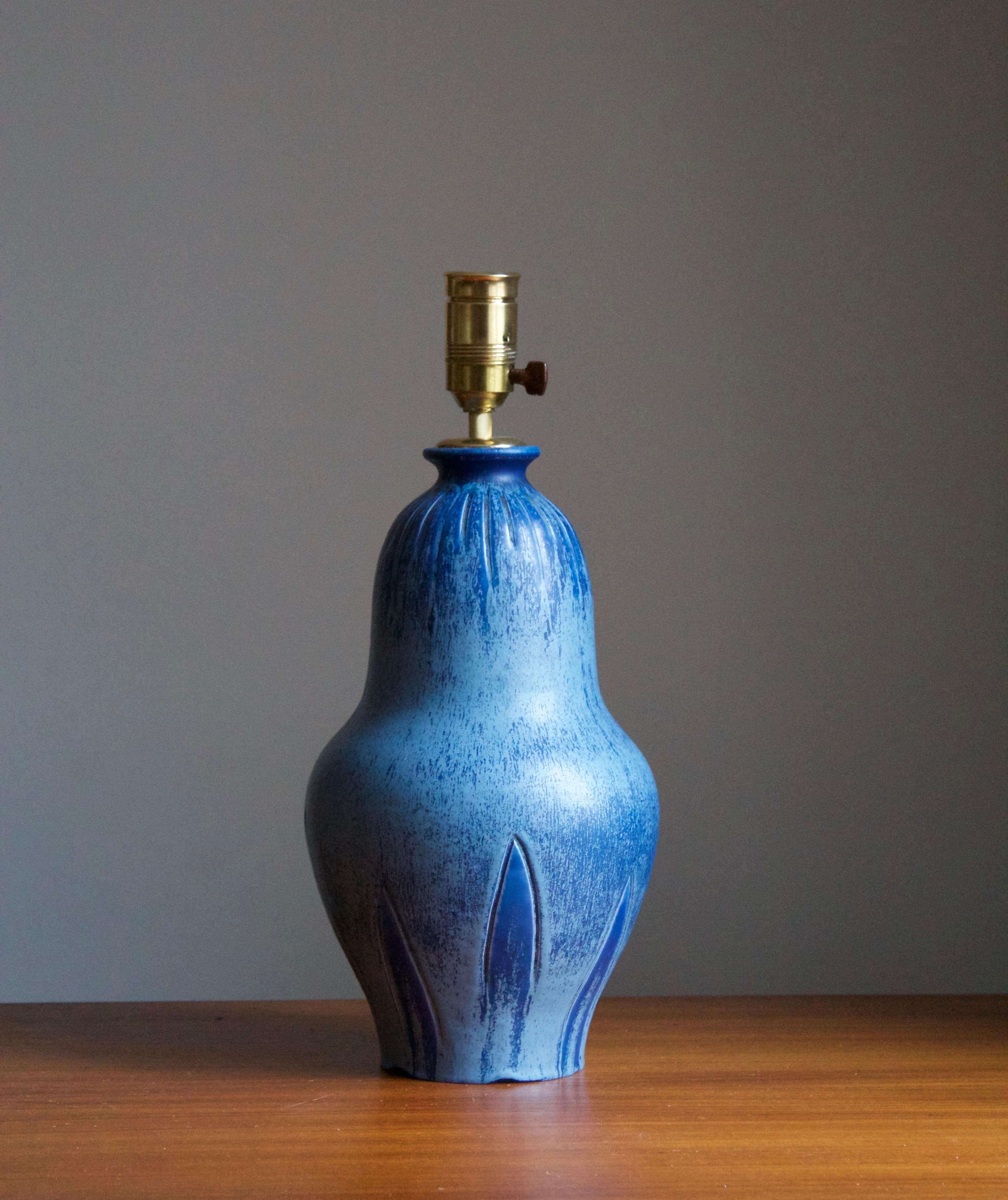 Art Deco Bo Fajans, Large Table Lamp, Blue Glazed Ceramic, Sweden, 1930s