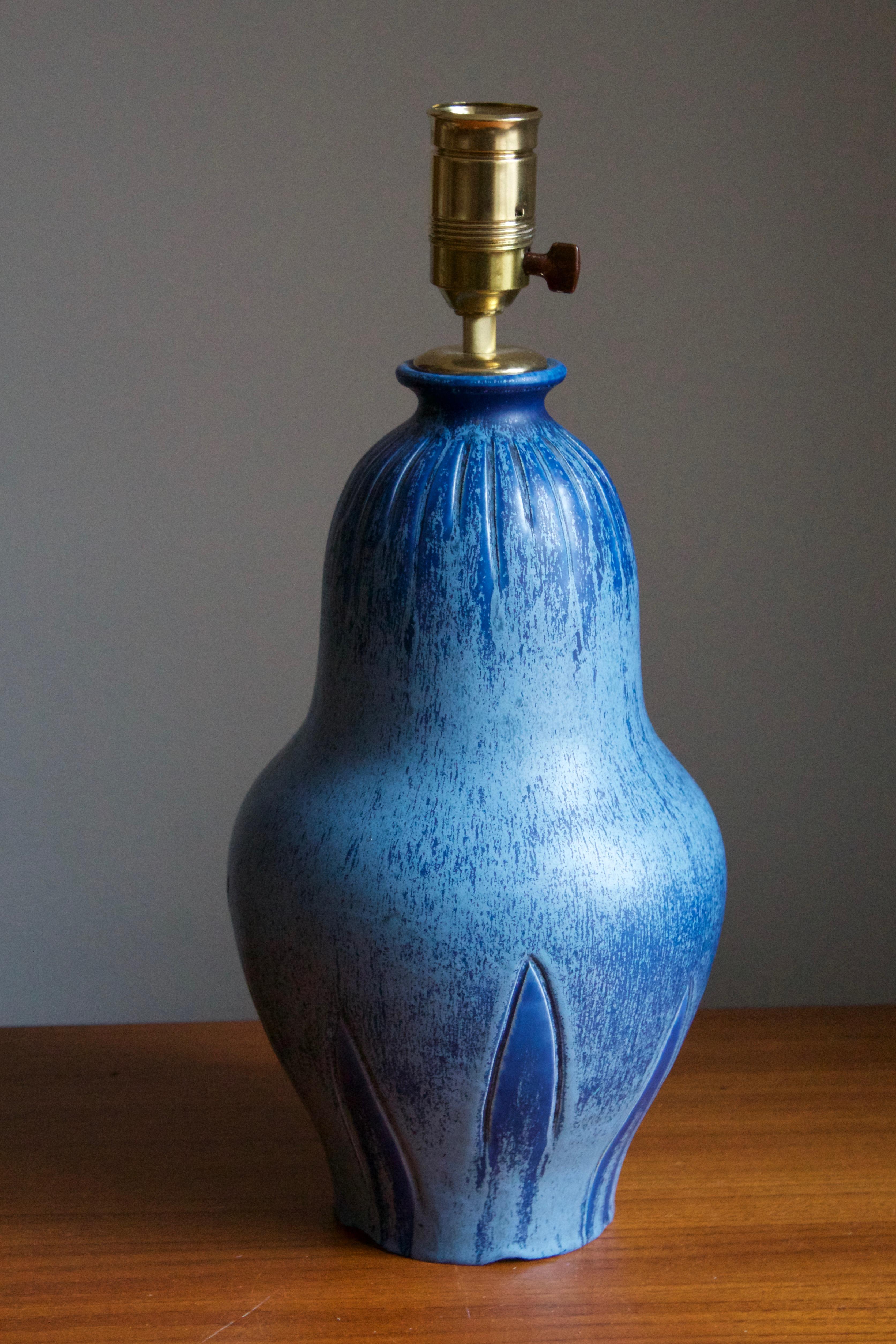 Swedish Bo Fajans, Large Table Lamp, Blue Glazed Ceramic, Sweden, 1930s