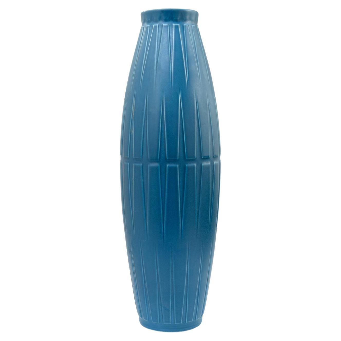 Bo Fajans tall blue ceramic vase with geometric pattern in relief, Sweden, 1940 For Sale