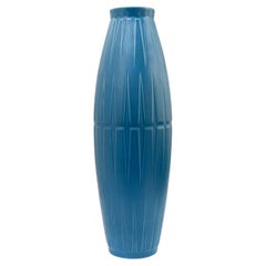 Bo Fajans tall blue ceramic vase with geometric pattern in relief, Sweden, 1940