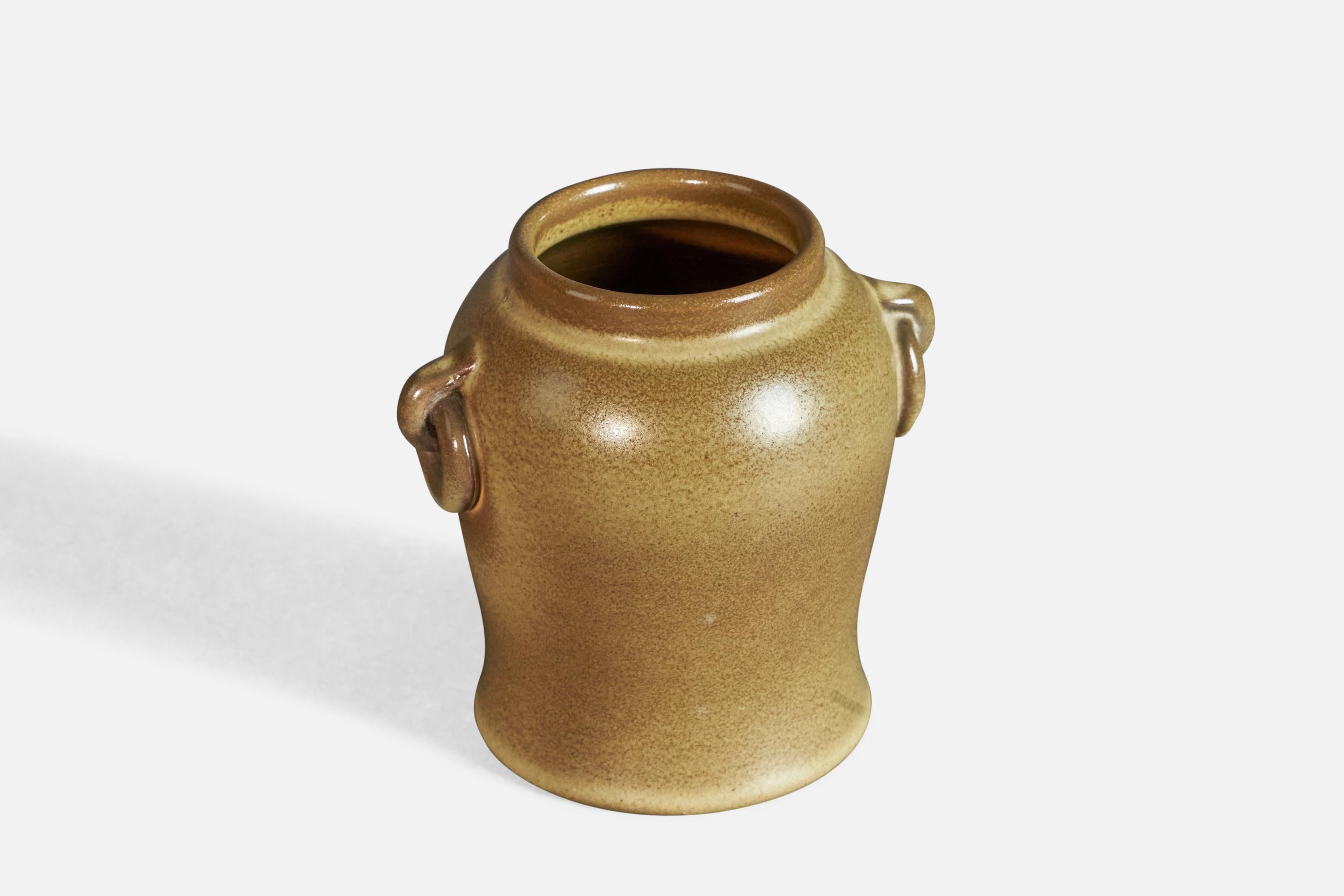 A brown yellow-glazed earthenware vase, designed and produced by Bo Fajans, Sweden, 1930s.