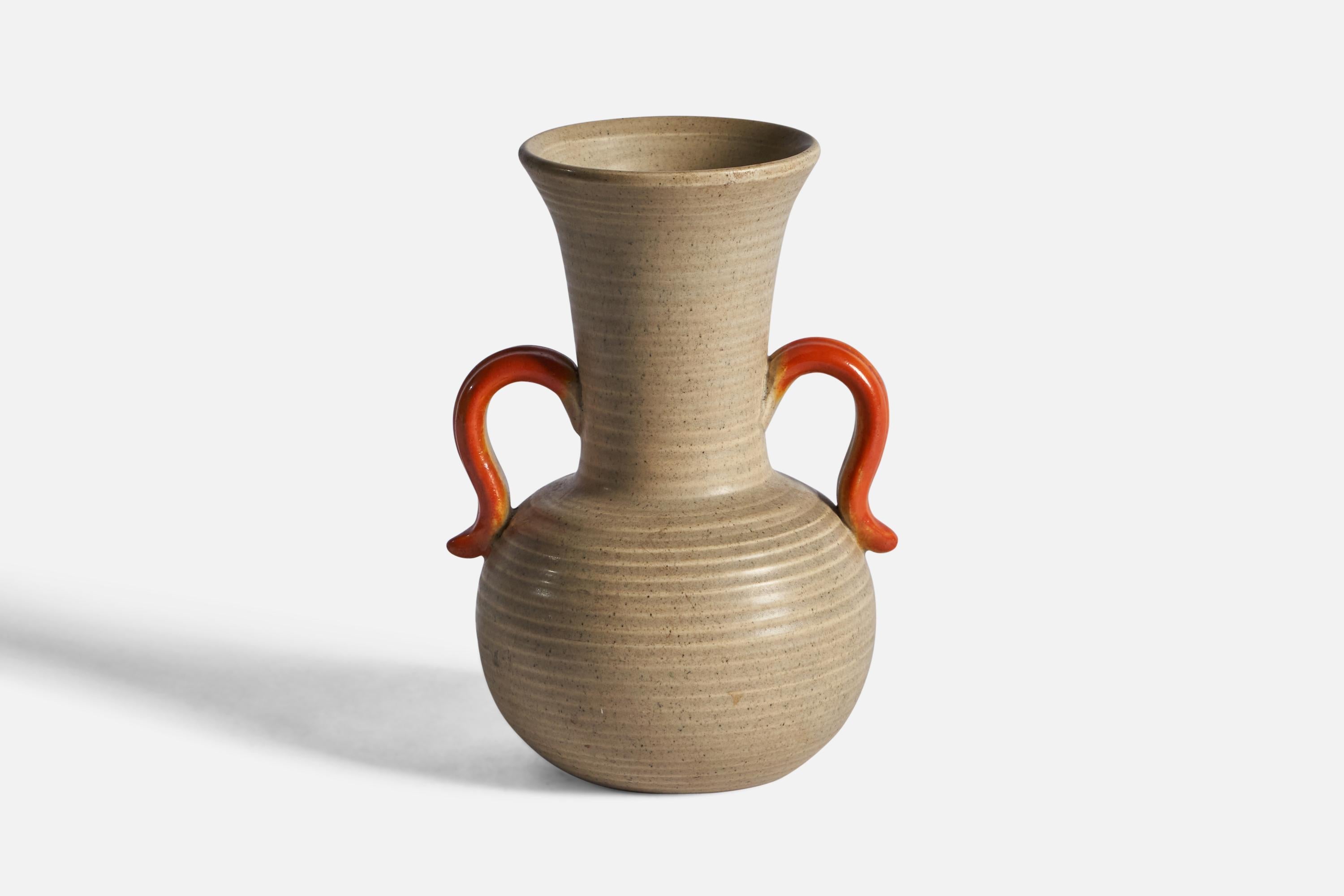 An orange and beige-glazed vase designed and produced by Bo Fajans, Sweden, c. 1940s.