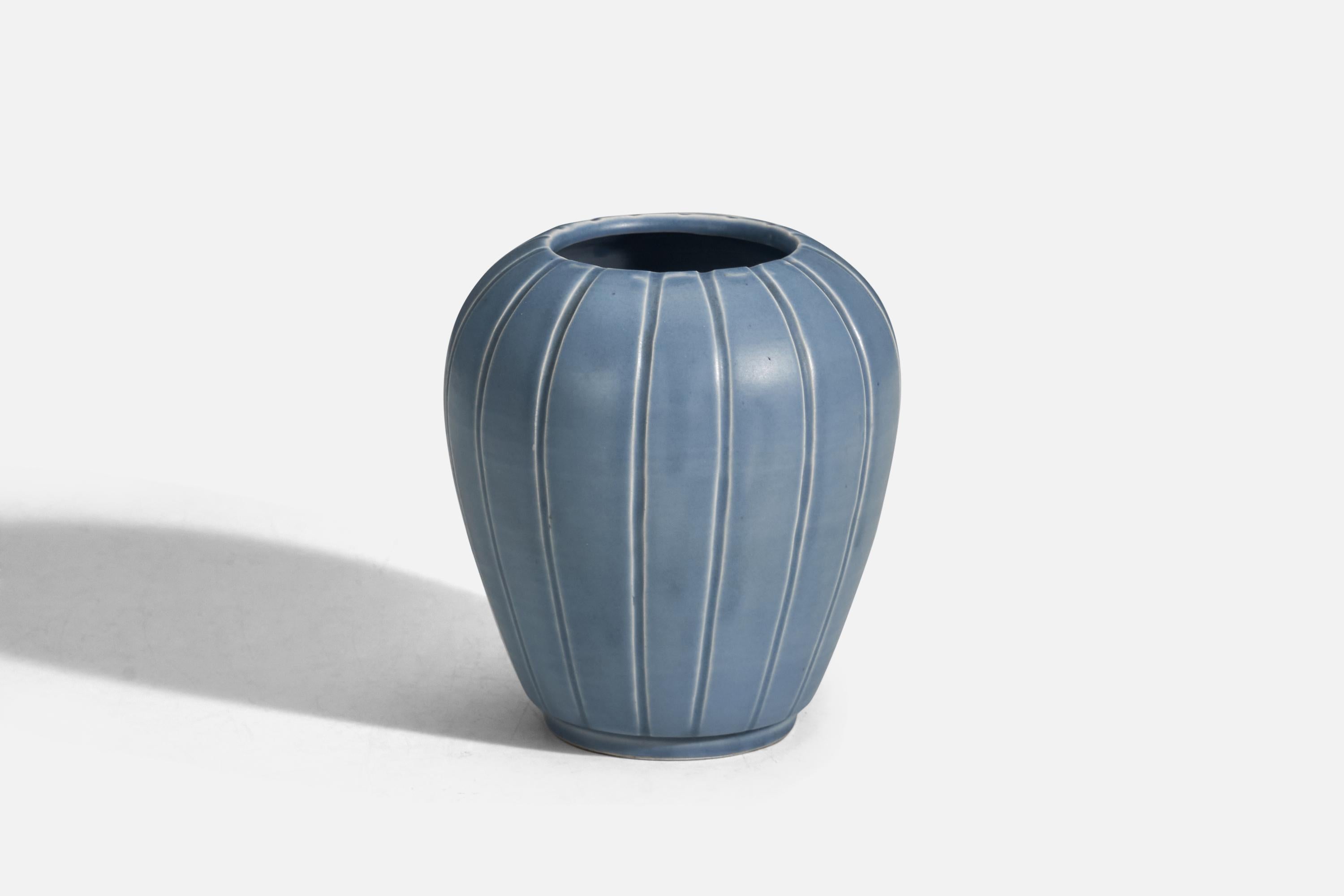 A light blue glazed stoneware vase designed and produced by Bo Fajans, Sweden, 1940s.