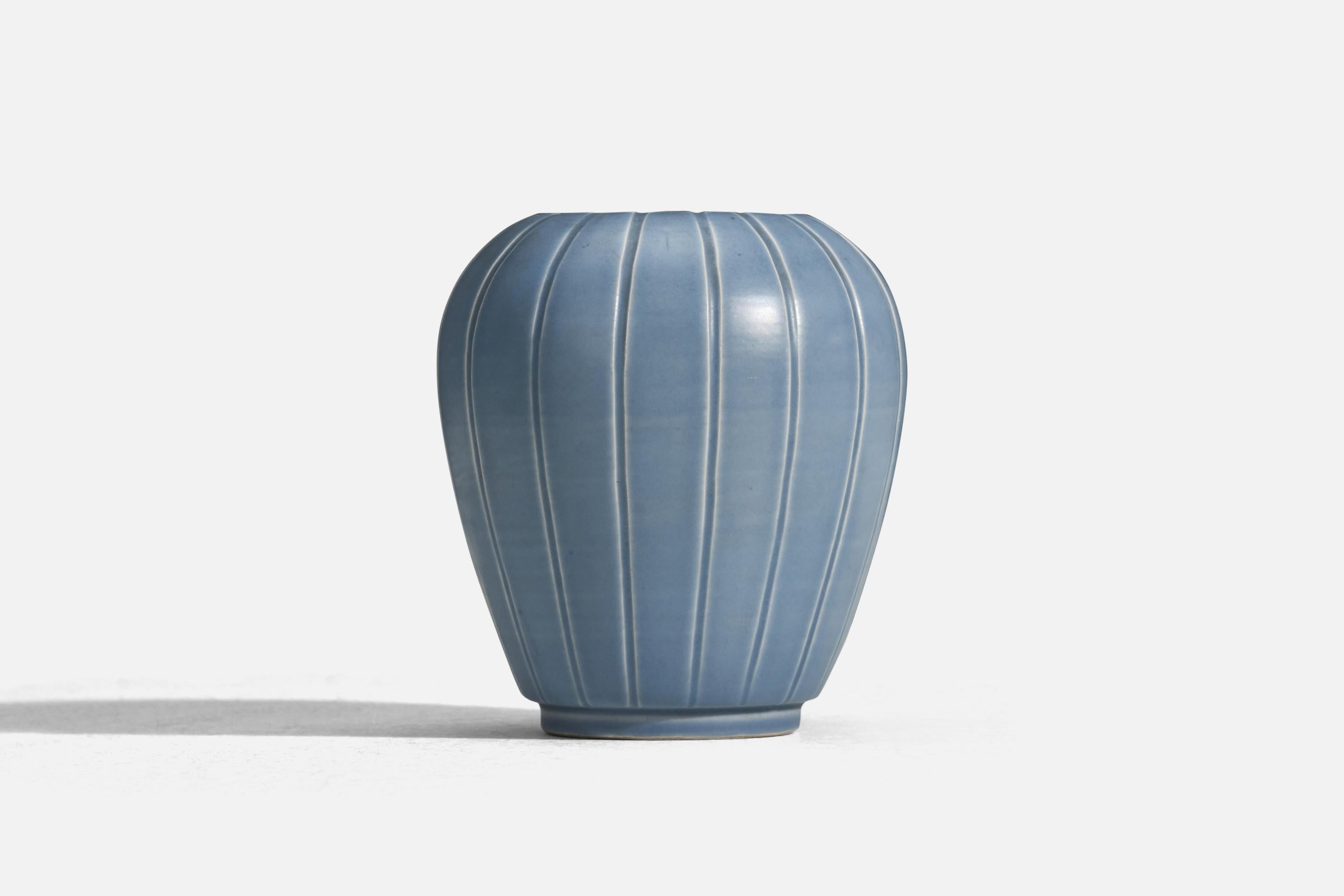 Scandinavian Modern Bo Fajans, Vase, Light Blue Glazed Stoneware, Sweden, 1940s