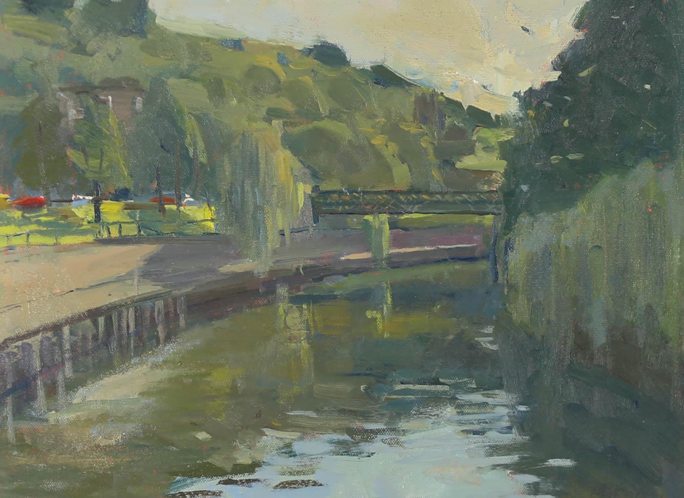 A fine impressionistic scene of Halfpenny bridge, crossing the River Avon in Bath. The artist has caught the view in a simple haze of green, with short directional brush strokes suggesting shadow and shape. Unsigned. The oil has been beautifully