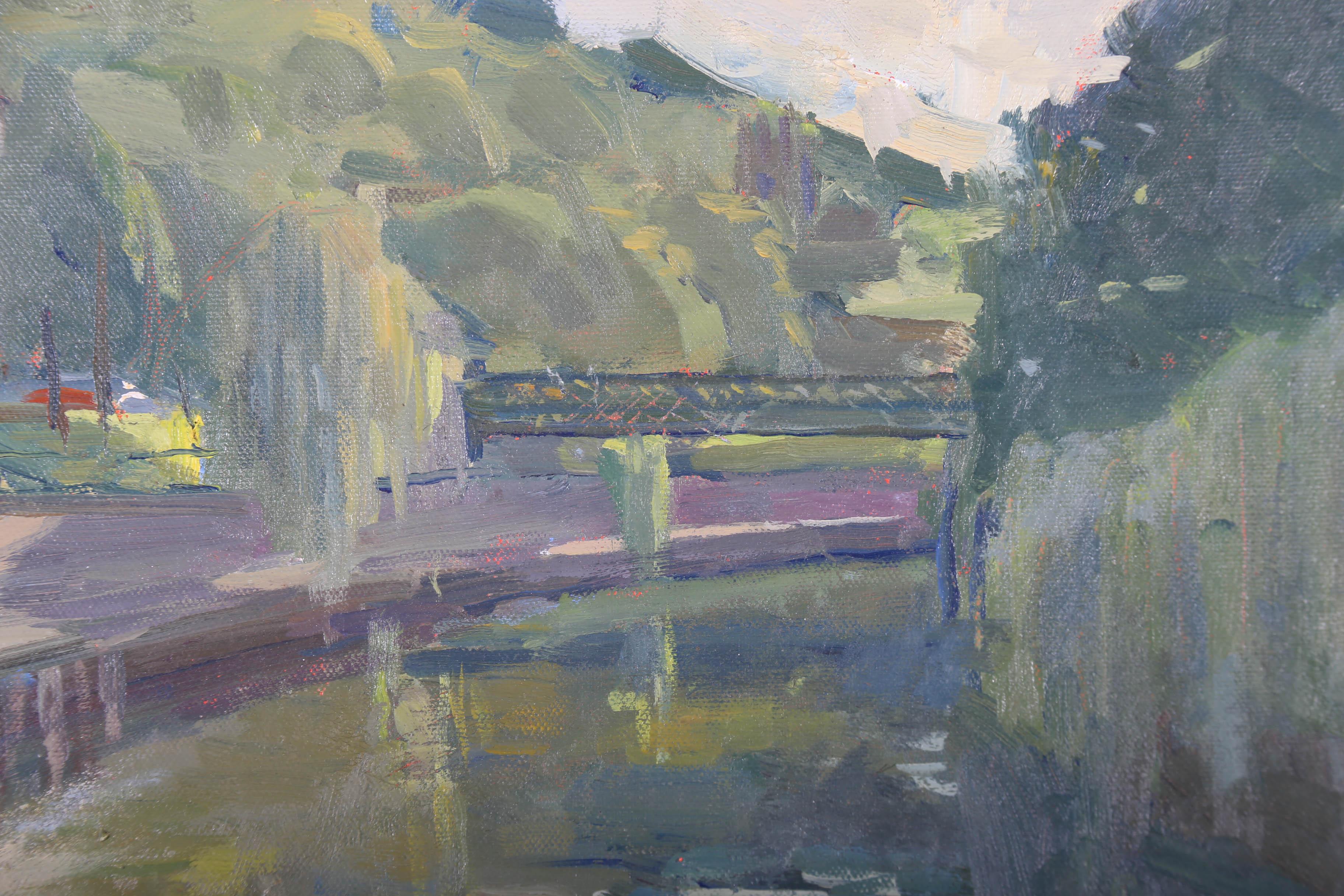 Attrib. Bo Hilton (b. 1961) - Framed 20th Century Oil, Halfpenny Bridge, Bath For Sale 3
