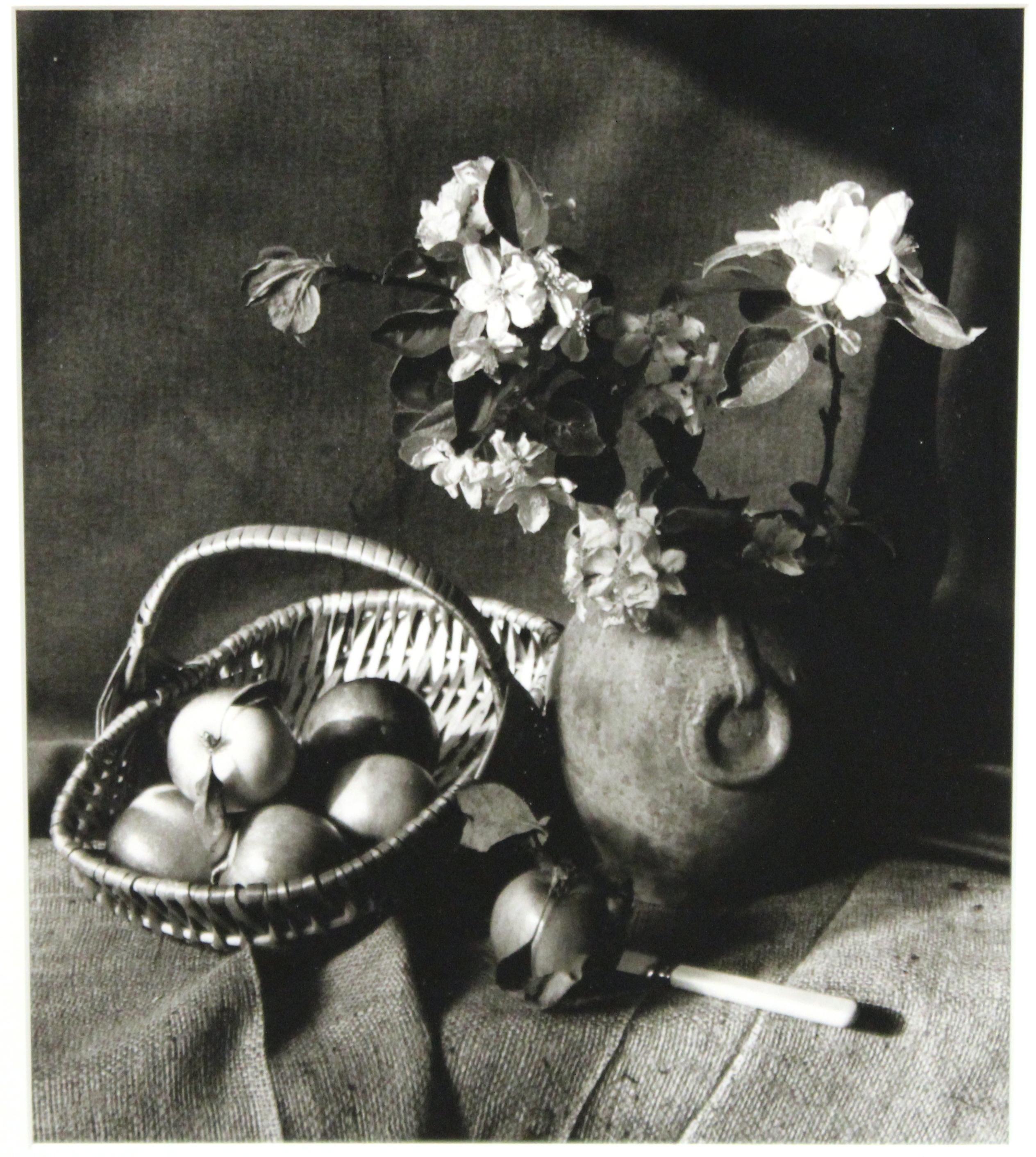American modern still life photograph with plants and fruit bowl, by Bo Kass. Kass's work appears in the collections of the Connecticut Historical Society, Baruch College, The City University of New York among others. Signed by the artist on the