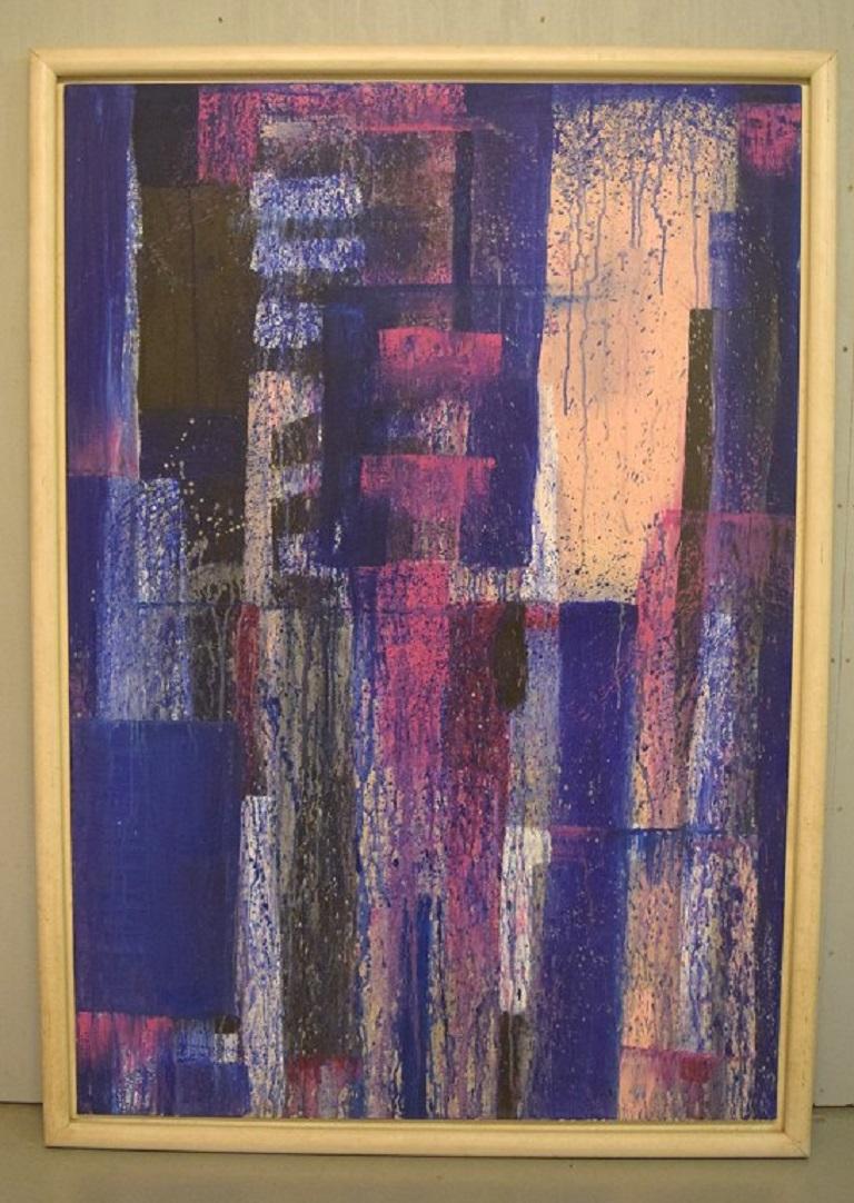 Bo Krank, listed Danish artist. Large painting. Oil on canvas. 
Abstract composition. Dated 1990.
The canvas measures: 130 x 90 cm.
The frame measures: 4 cm.
In excellent condition.
Signed.
 