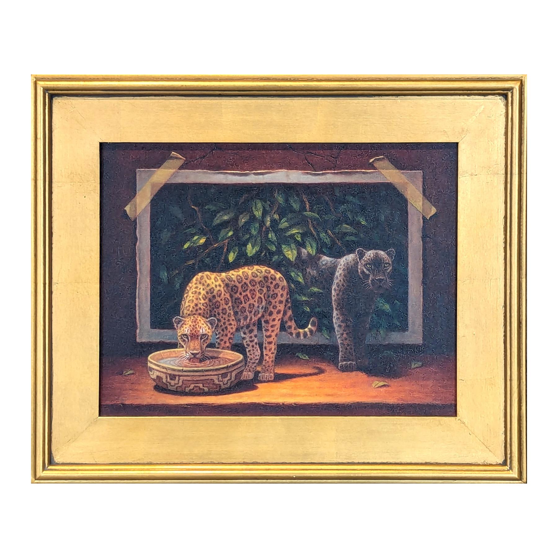 Pintura surrealista naturalista de la selva con jaguares saliendo de un cuadro - Painting de Bo Newell