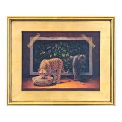 Pintura surrealista naturalista de la selva con jaguares saliendo de un cuadro