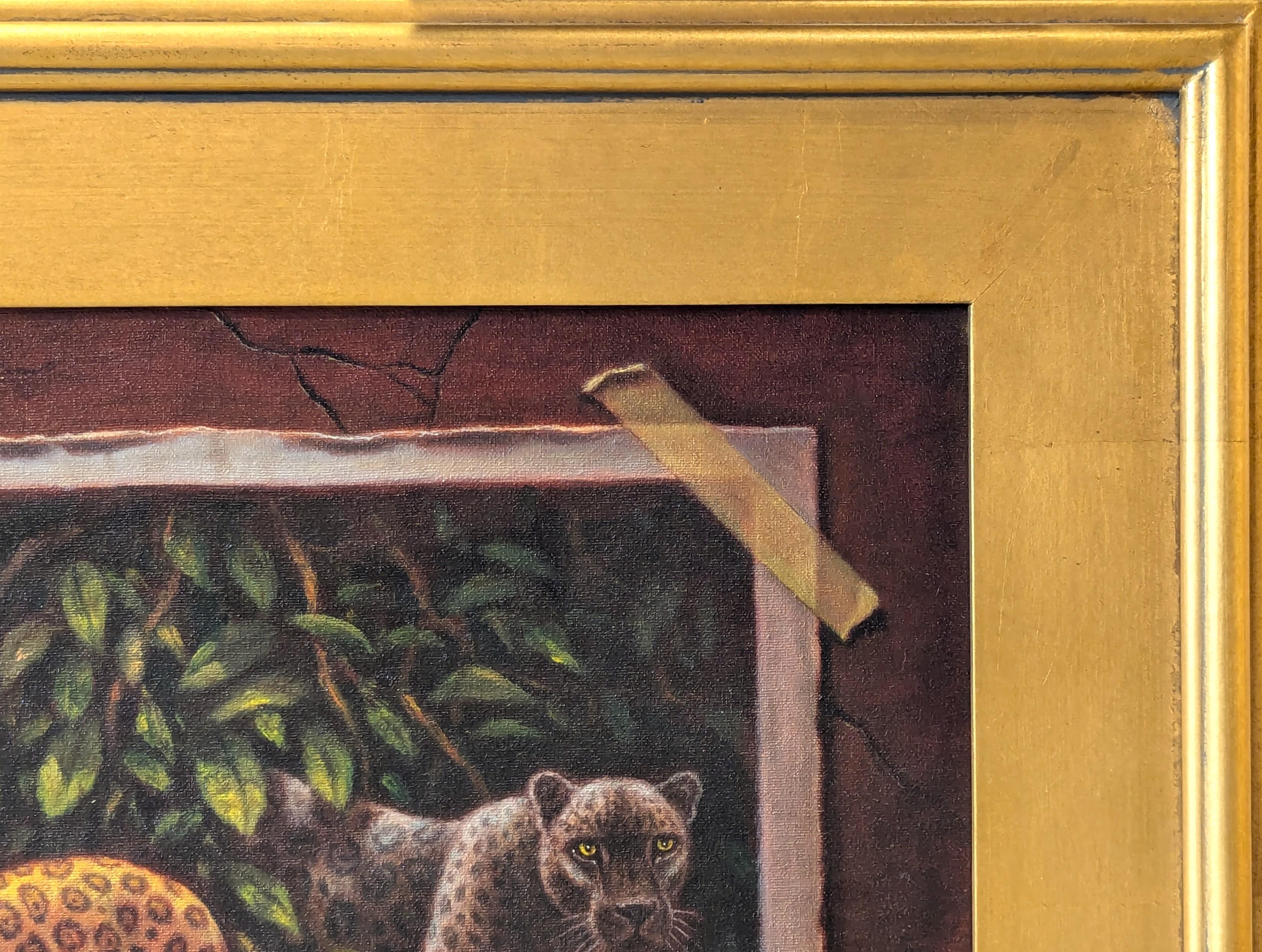 Pintura surrealista naturalista de la selva con jaguares saliendo de un cuadro - Landscape Painting Naranja de Bo Newell