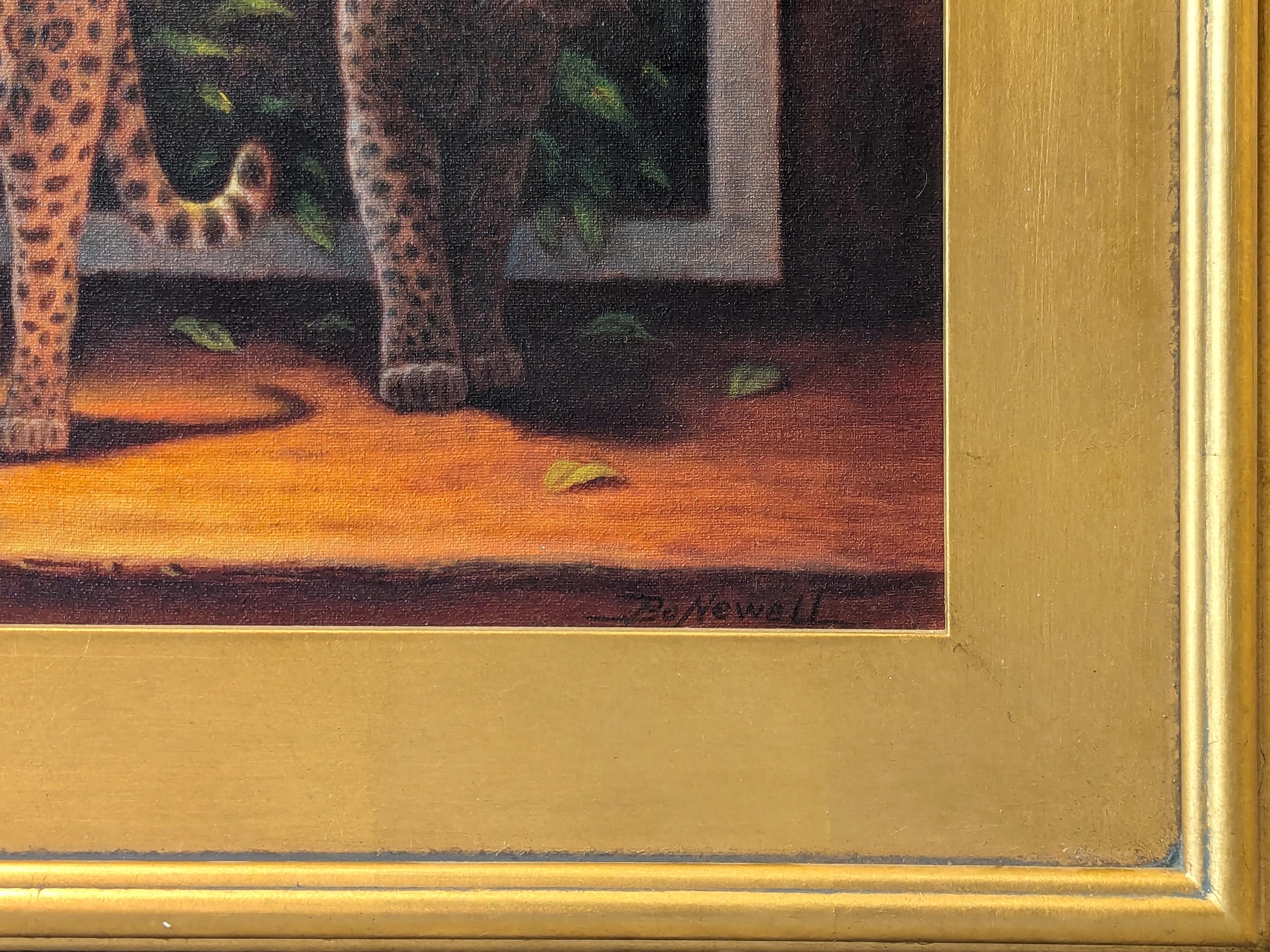 Paisaje surrealista naturalista de la selva pintado por el artista Bo Newell. La obra muestra una pareja de jaguares que emergen de un cuadro de denso follaje selvático. Firmado en la esquina inferior derecha de la parte delantera. Actualmente