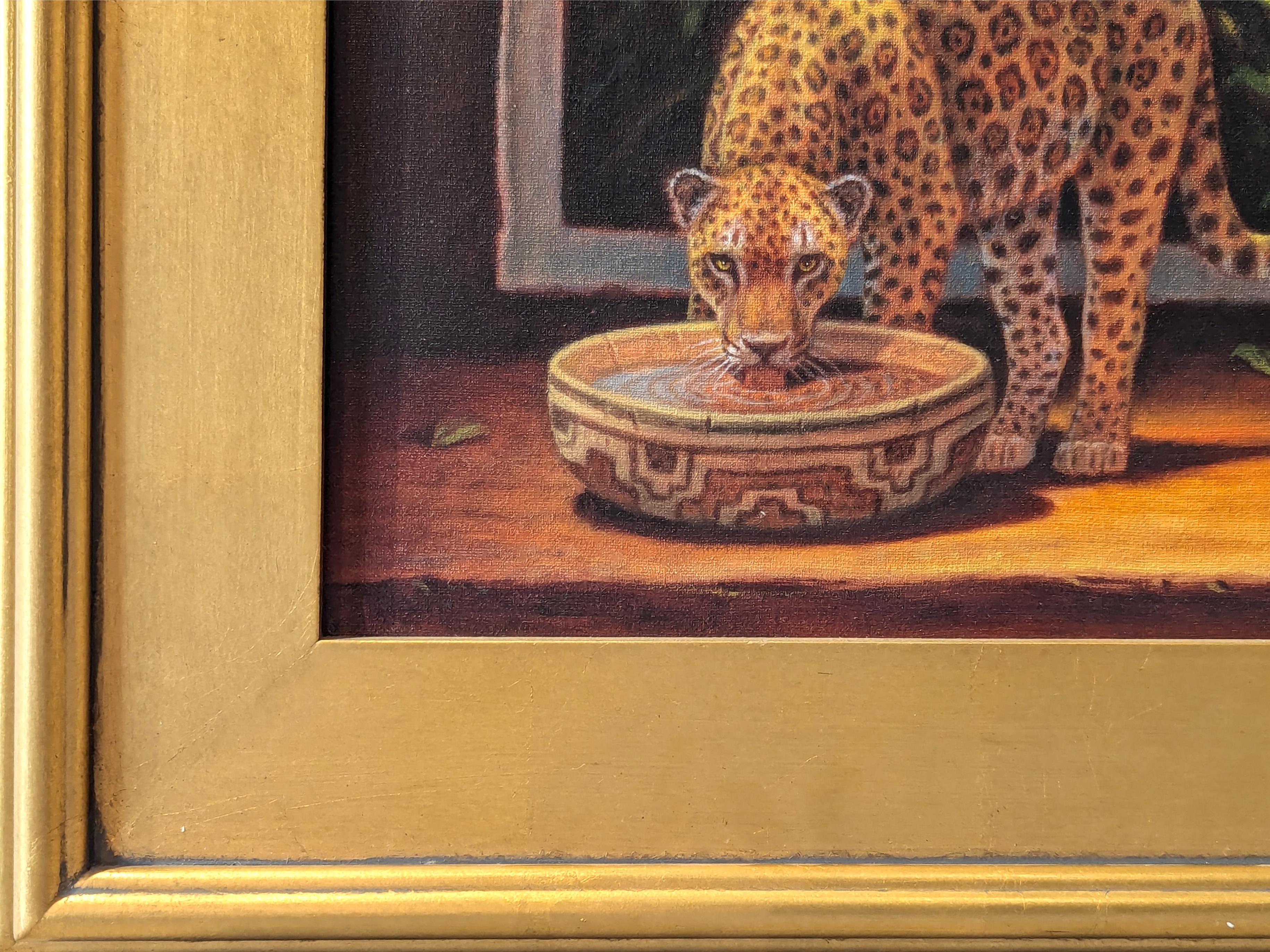 Pintura surrealista naturalista de la selva con jaguares saliendo de un cuadro en venta 1