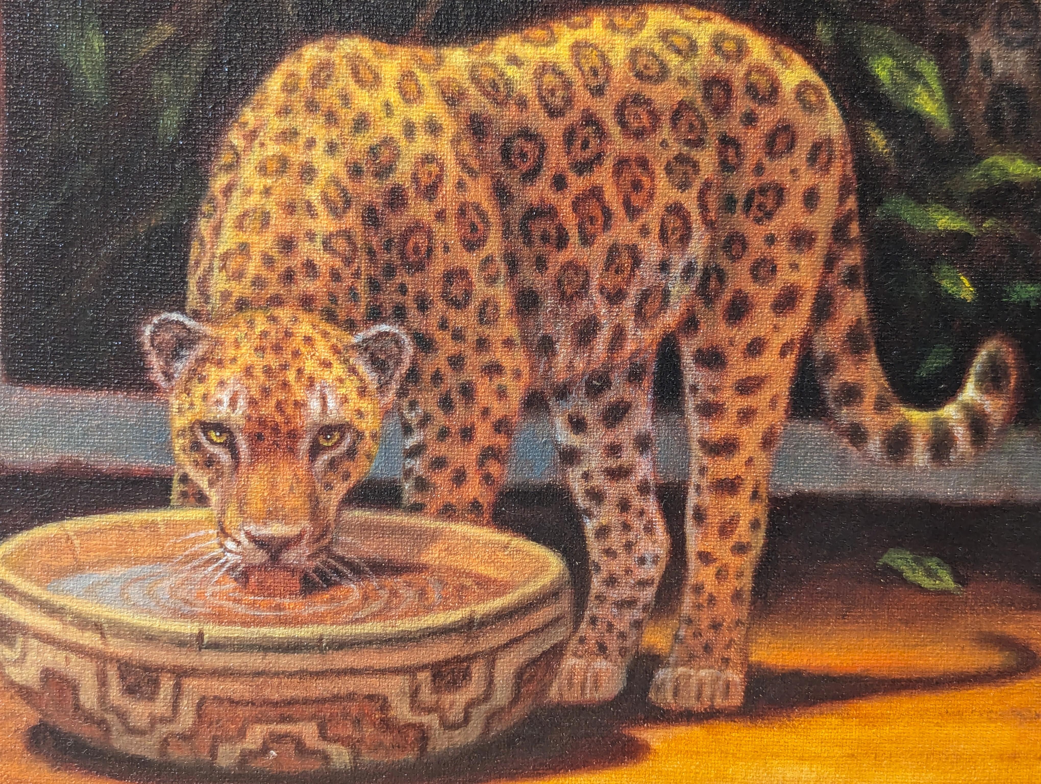 Pintura surrealista naturalista de la selva con jaguares saliendo de un cuadro en venta 2