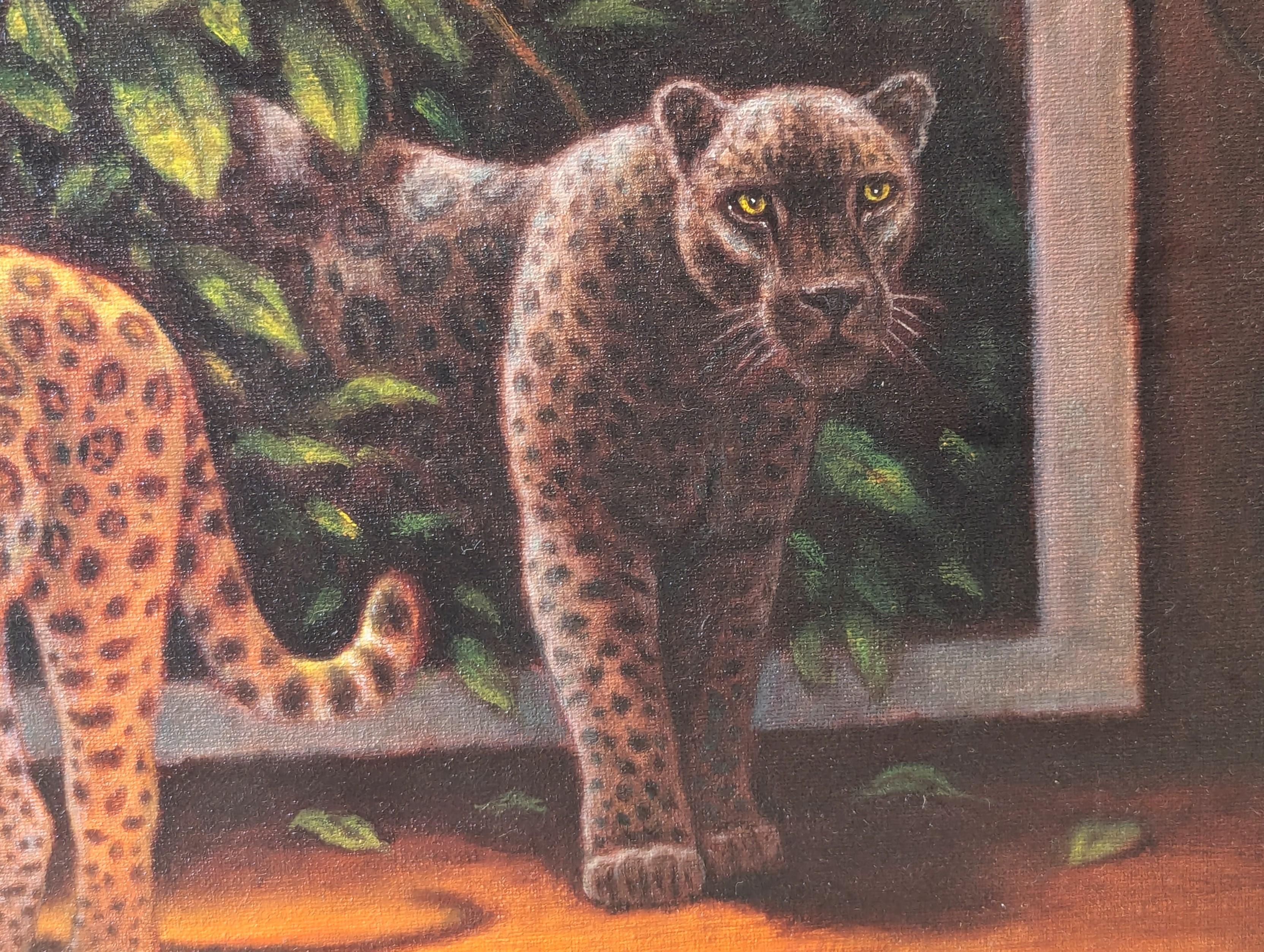 Pintura surrealista naturalista de la selva con jaguares saliendo de un cuadro en venta 3