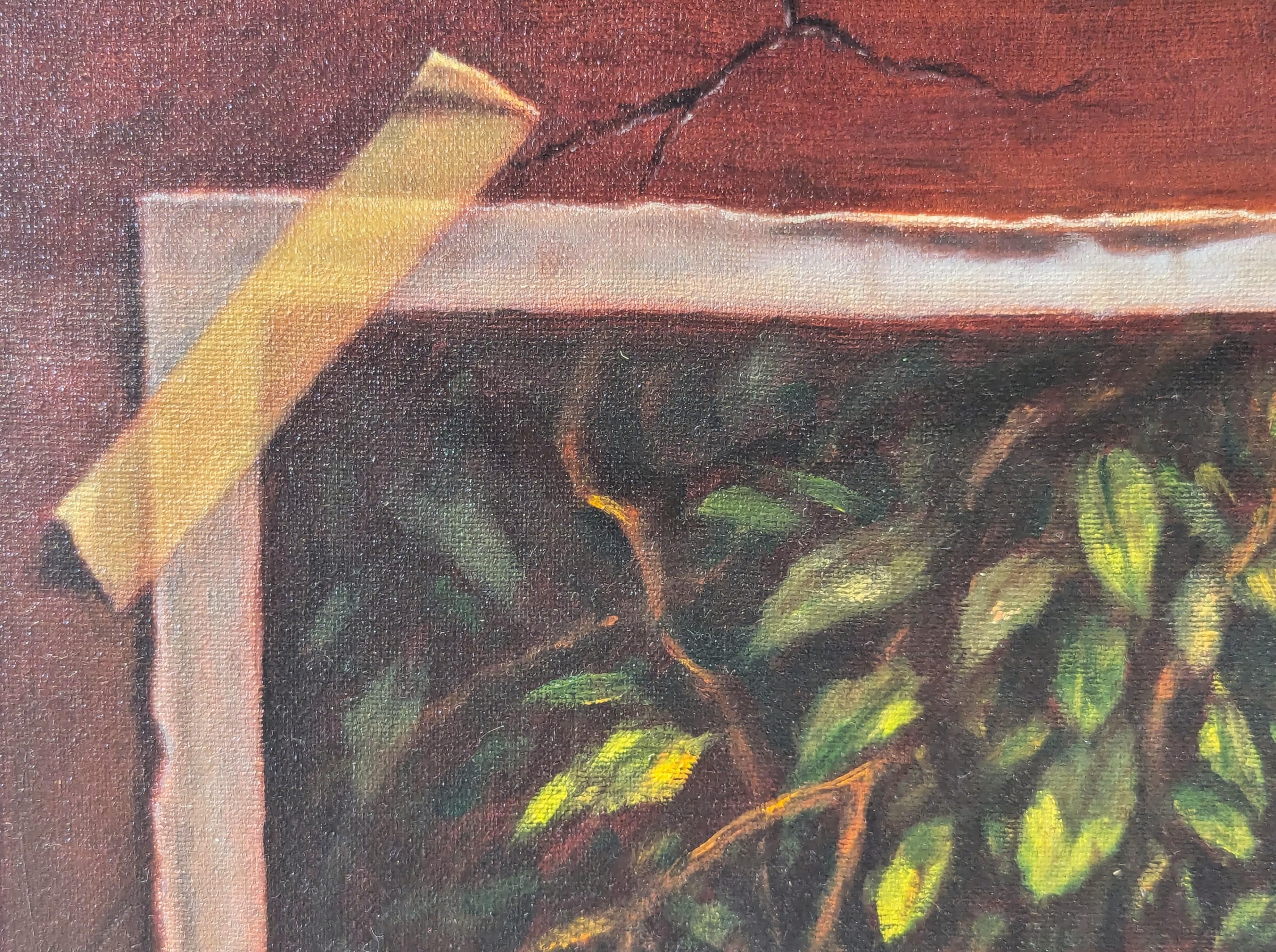 Pintura surrealista naturalista de la selva con jaguares saliendo de un cuadro en venta 4