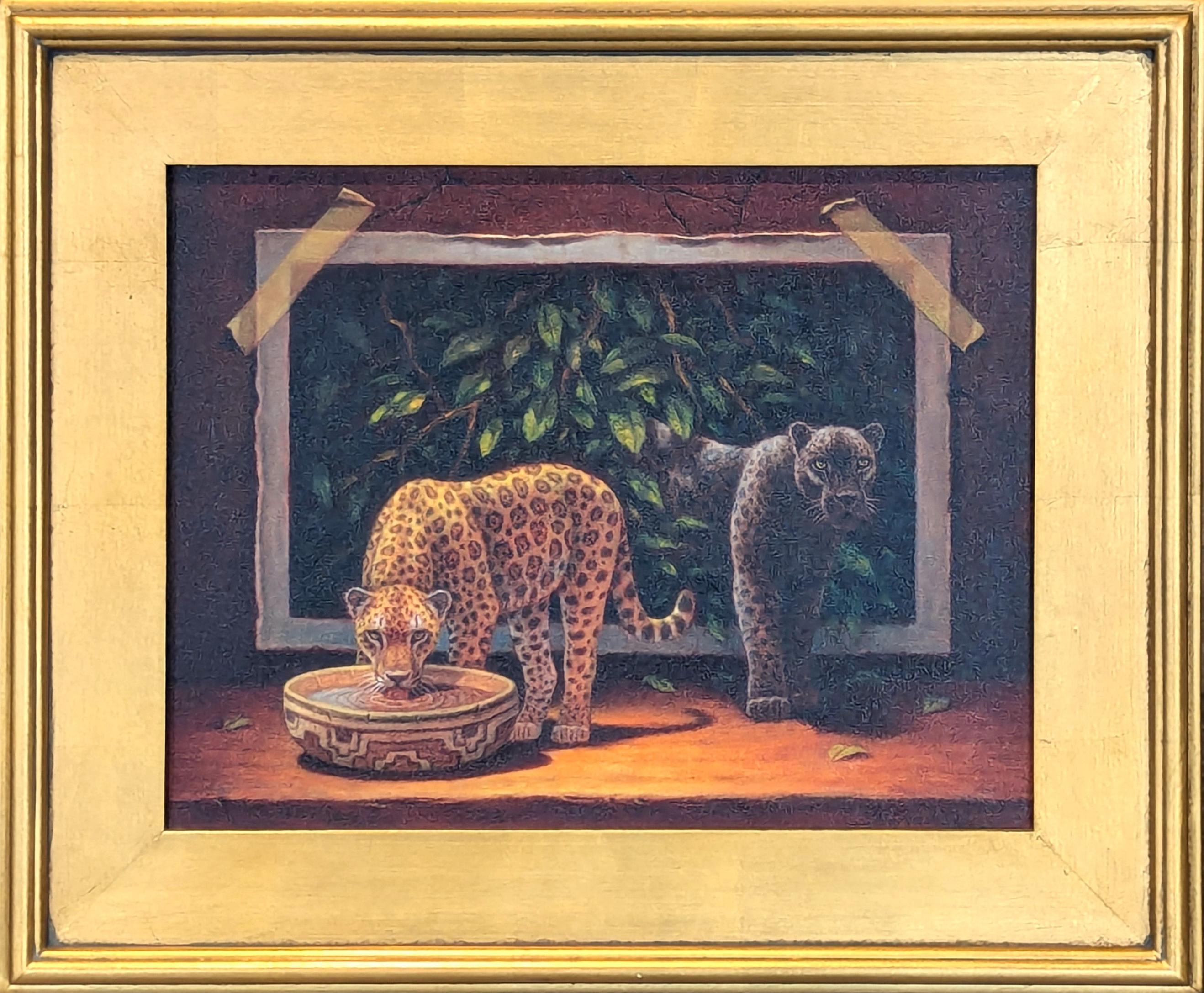 Pintura surrealista naturalista de la selva con jaguares saliendo de un cuadro