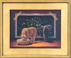 Peinture naturaliste surréaliste représentant des Jaguars émergeant d'un tableau