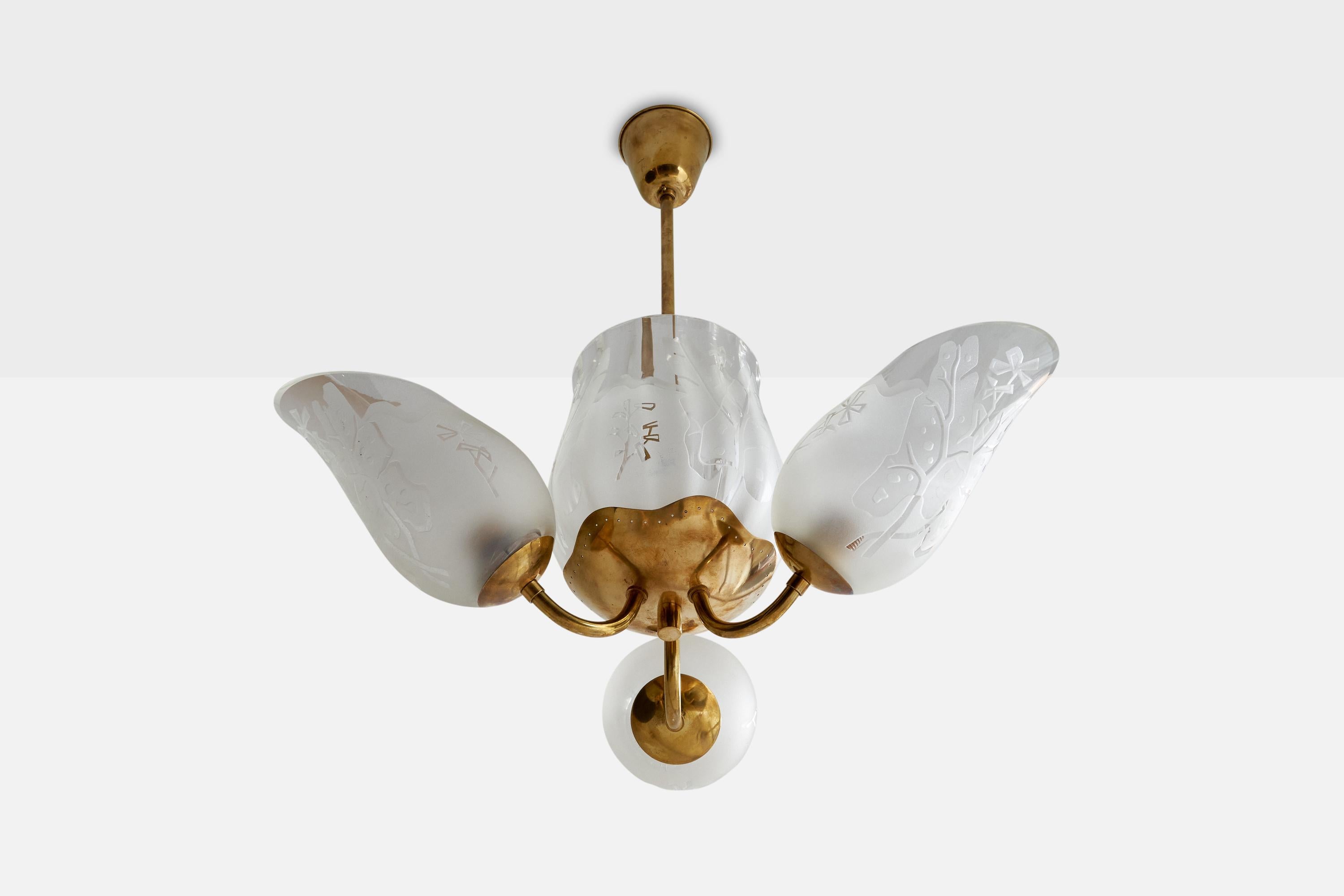 A brass and etched glass chandelier designed by Bo Notini and produced by Glössner & Co, Sweden, 1940s.

Dimensions of canopy (inches): 3.4” H x 3.8” Diameter
Socket takes standard E-26 bulbs. 5 sockets.There is no maximum wattage stated on the