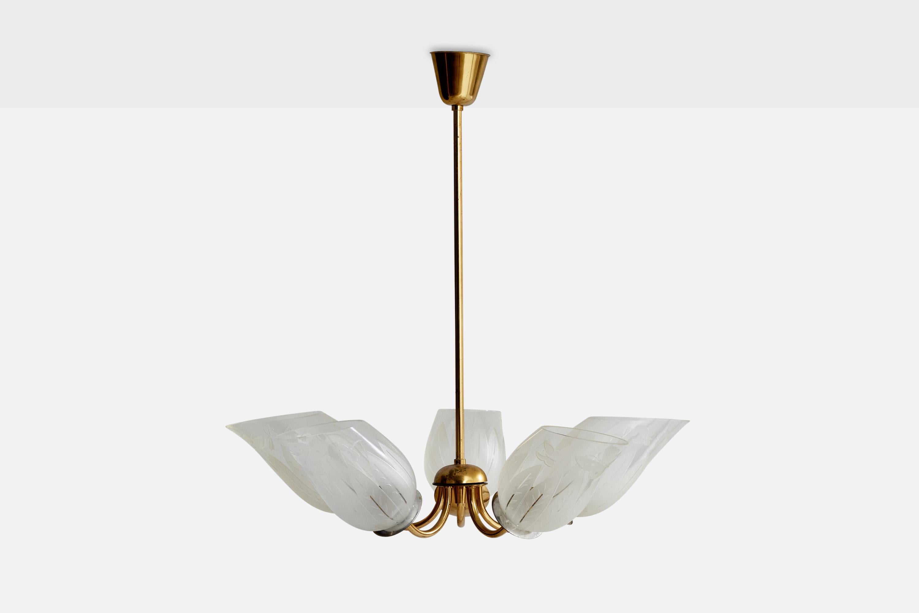 A brass and etched glass chandelier designed by Bo Notini and produced by Glössner & Co, Sweden, 1940s.

Dimensions of canopy (inches): 3” H x 3.7” Diameter
Socket takes standard E-26 bulbs. 5 socketsThere is no maximum wattage stated on the