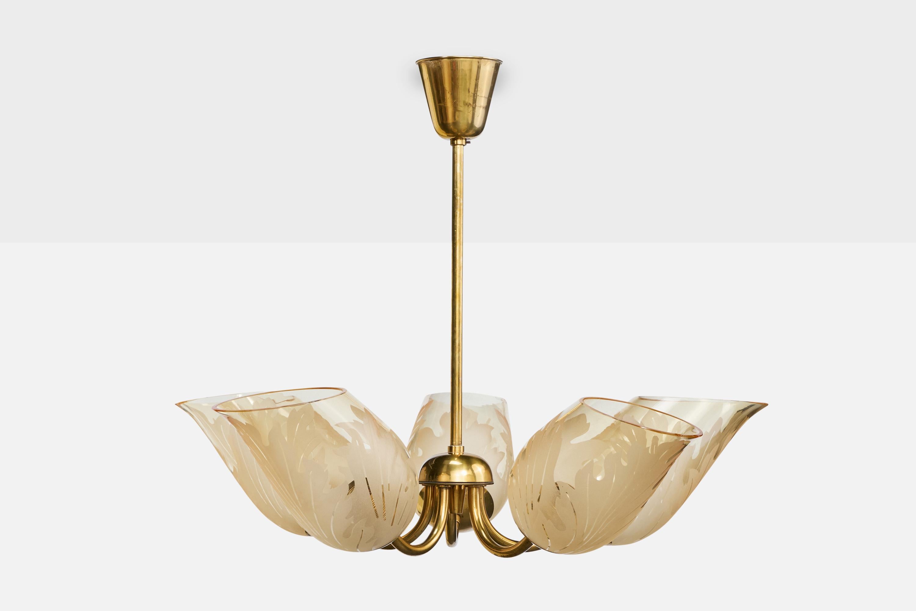 Suédois Bo Notini, lustre, laiton, verre, Suède, années 1940 en vente