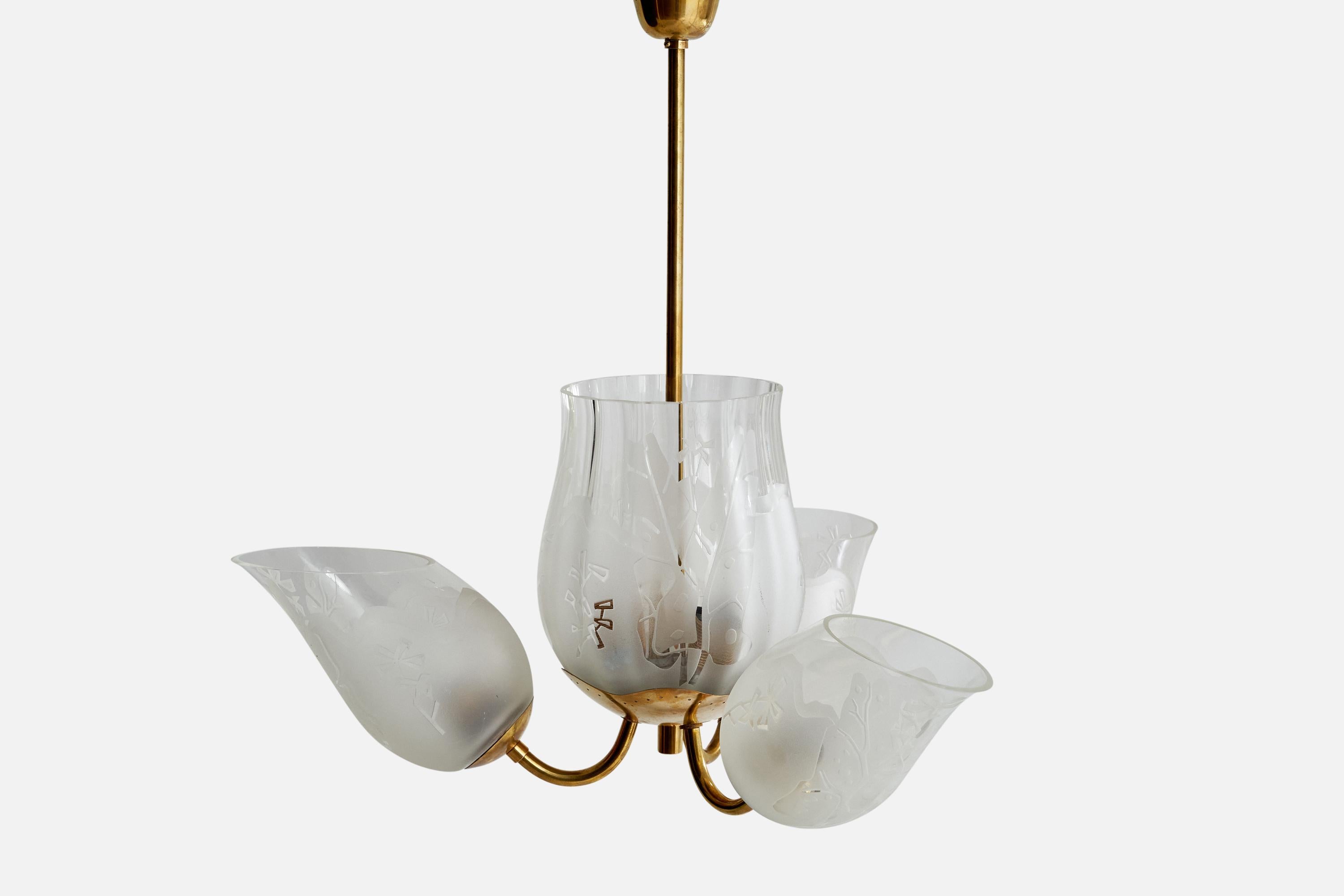 Swedish Bo Notini, Chandelier, Brass, Glass, Sweden, 1940s For Sale