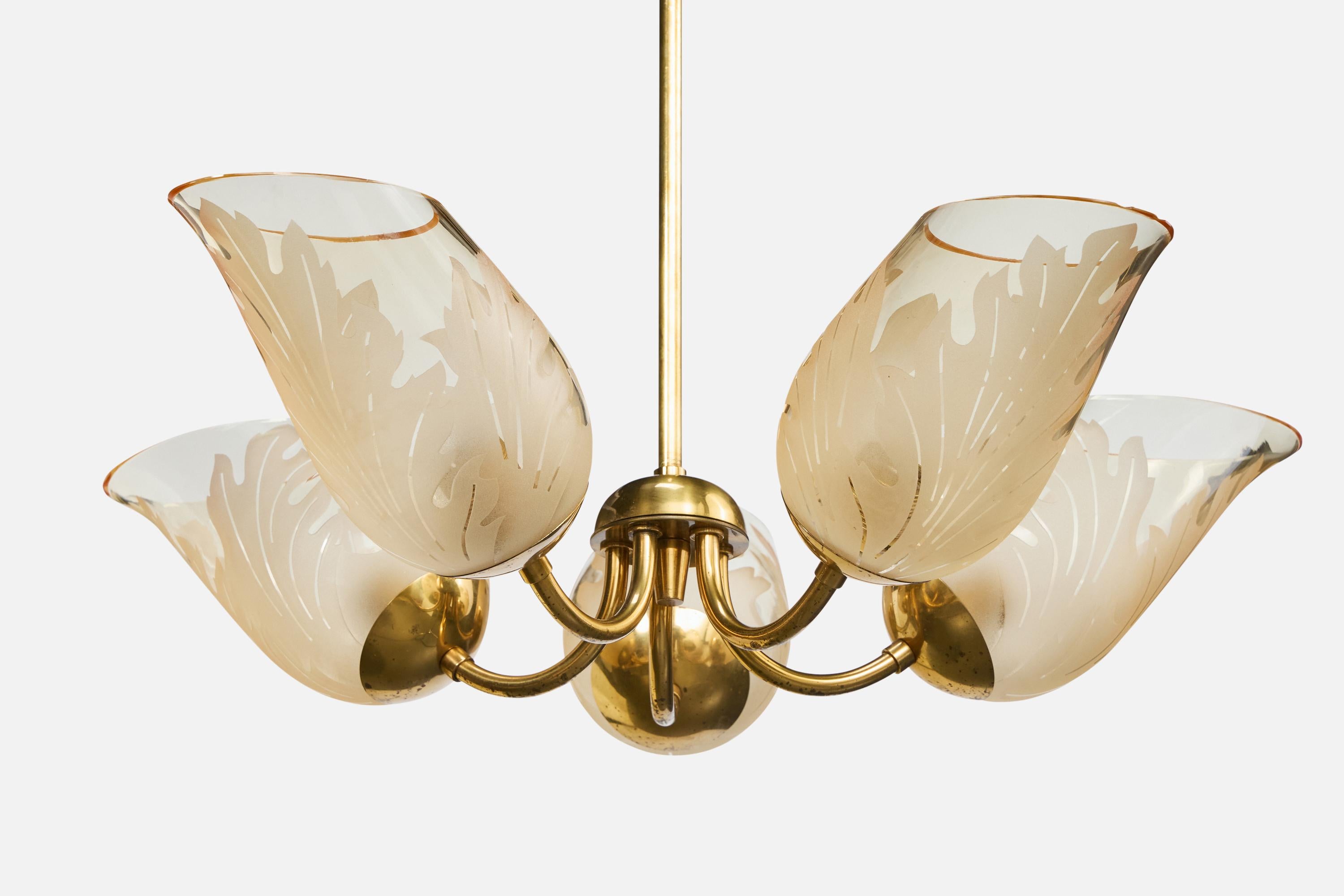 Milieu du XXe siècle Bo Notini, lustre, laiton, verre, Suède, années 1940 en vente