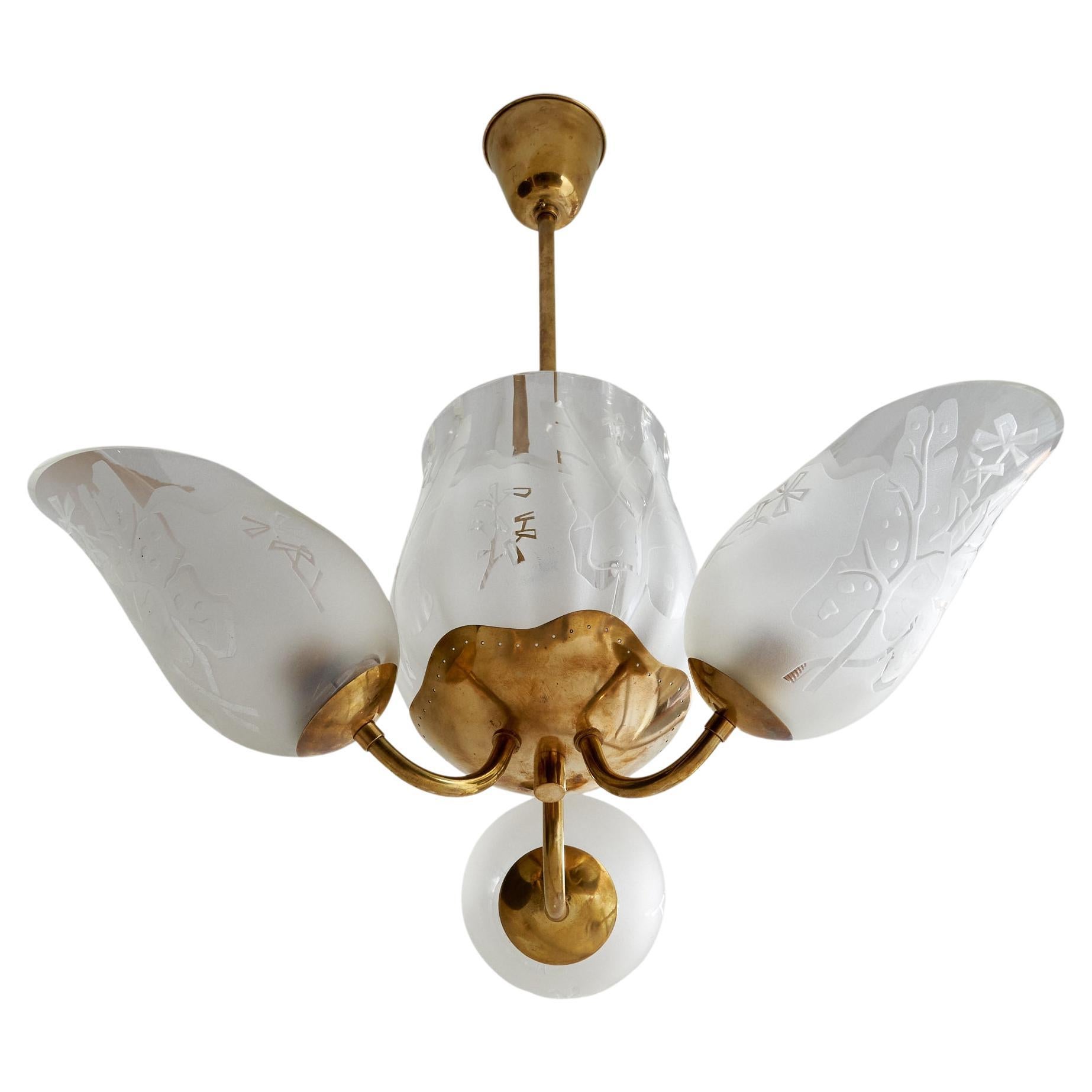 Bo Notini, Chandelier, Brass, Glass, Sweden, 1940s For Sale