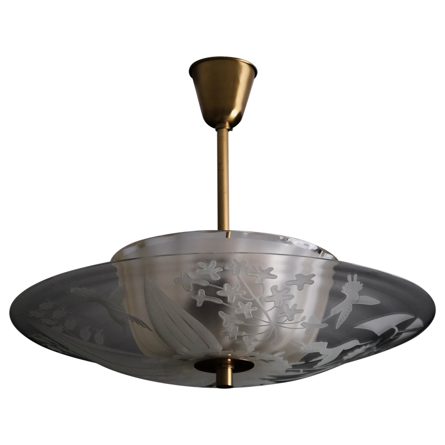 Bo Notini Etched Glass and Brass Ceiling Light, Sweden, 1940s