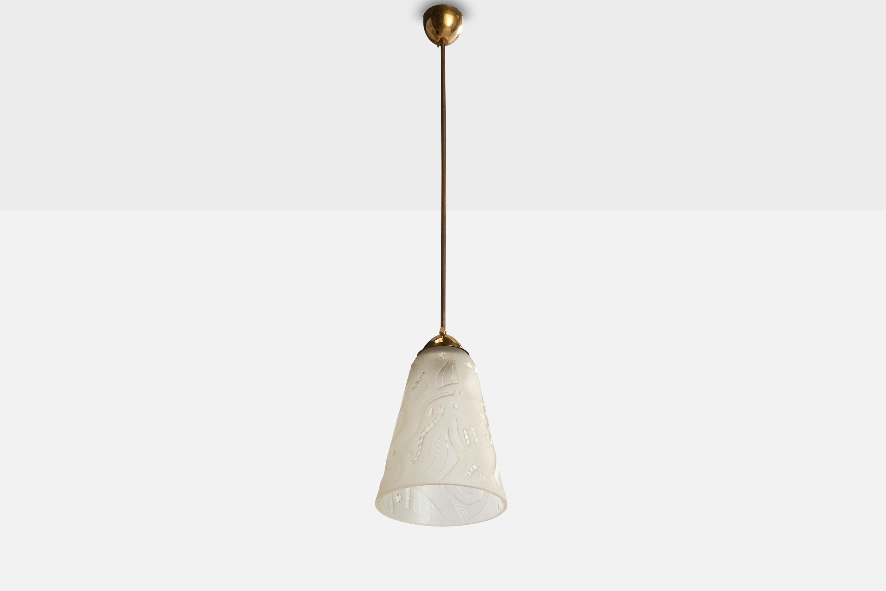A brass and etched glass pendant light designed by Bo Notini and produced by Glössner, Sweden, 1940s.

Overall Dimensions (inches): 38” H x 8” Diameter

Dimensions of Canopy:  2.25” H x 3.25” W x 3.25” D

Stem length: 24” H

Bulb Specifications:
